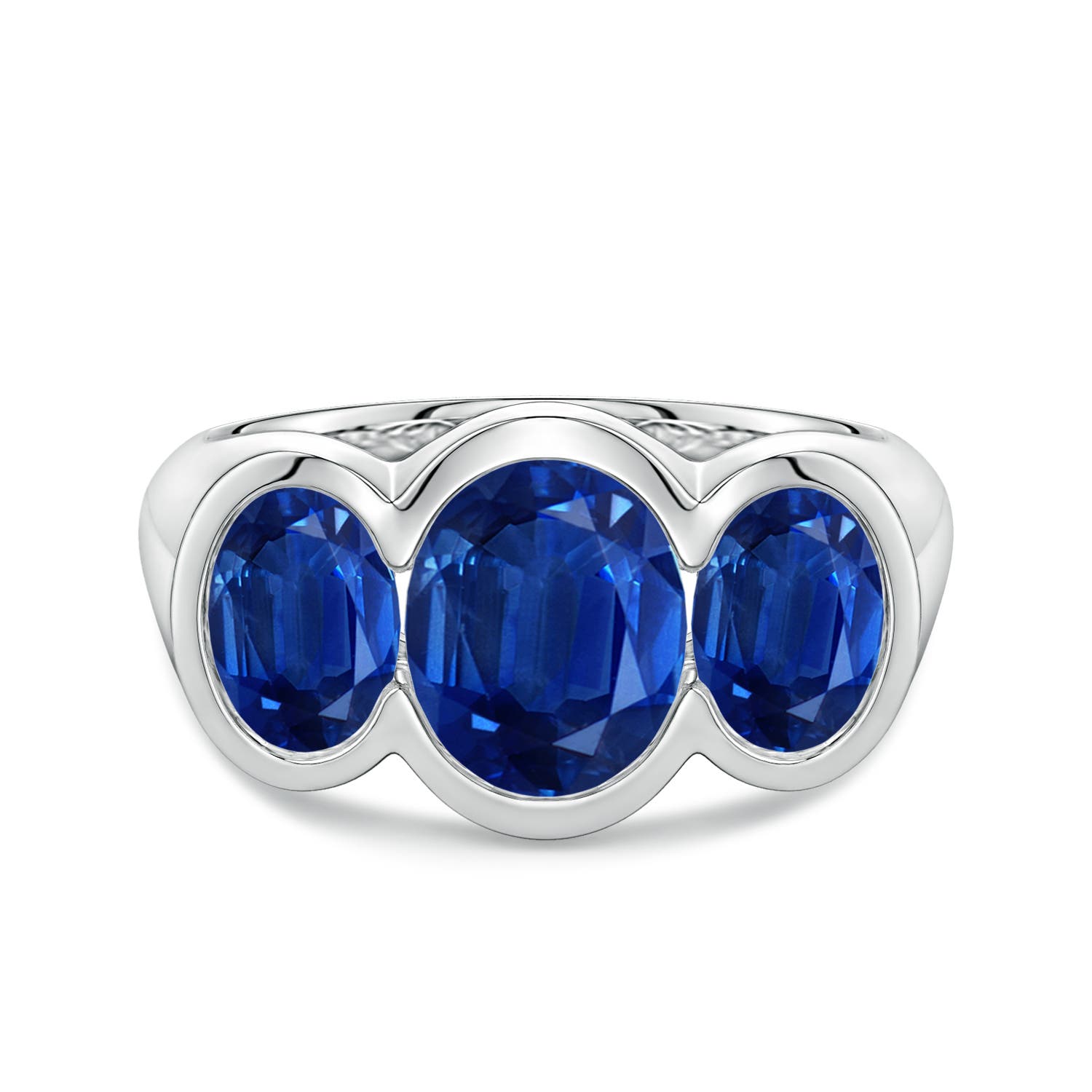 9x7mm AAA Flush-Set Oval Blue Sapphire Three-Stone Engagement Ring in White Gold