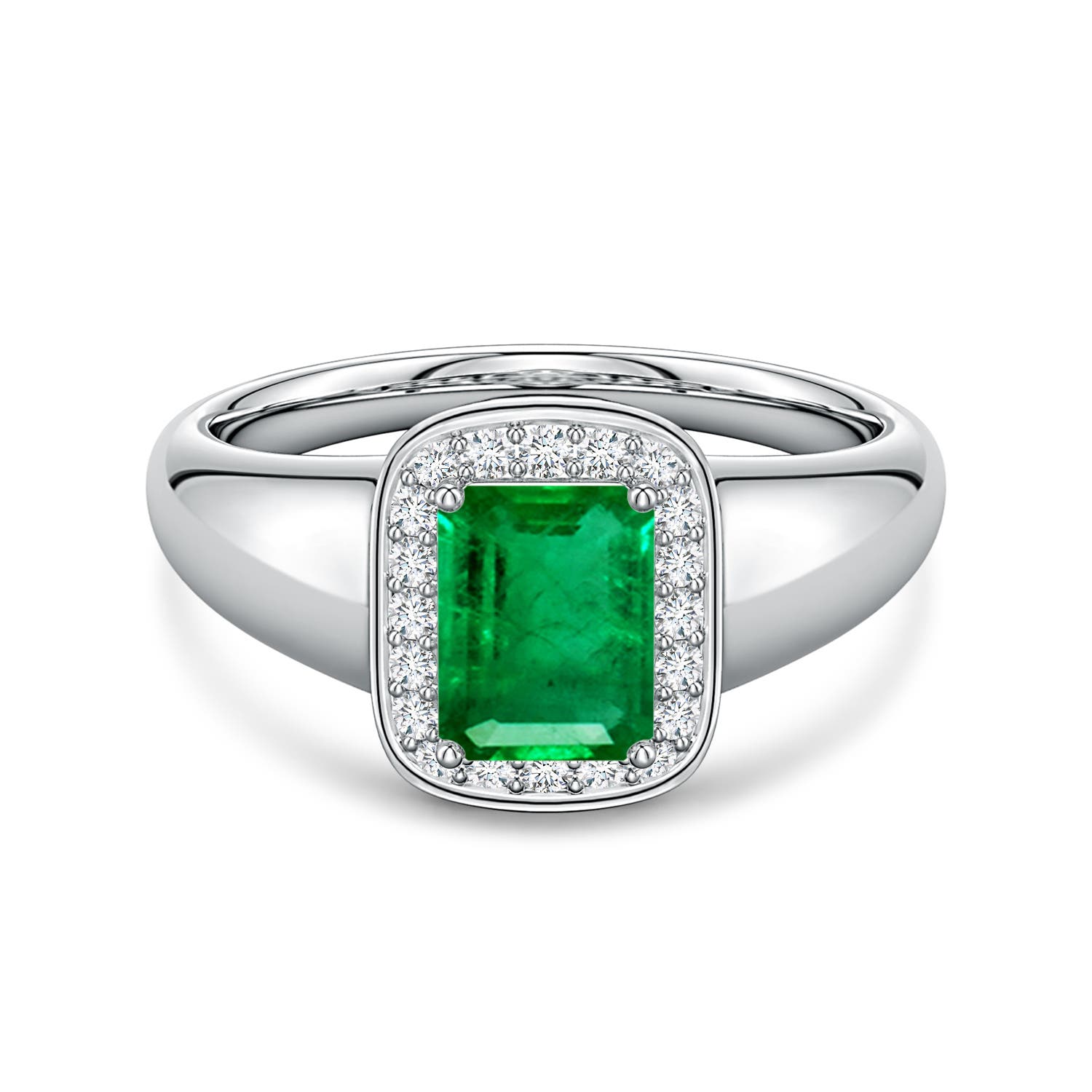 7x5mm AAA Emerald-Cut Emerald Signet Halo Engagement Ring in White Gold