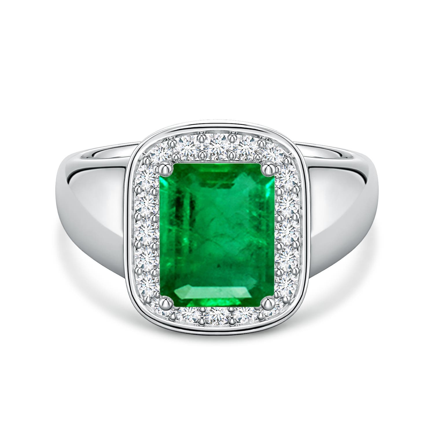 9x7mm AAA Emerald-Cut Emerald Signet Halo Engagement Ring in White Gold