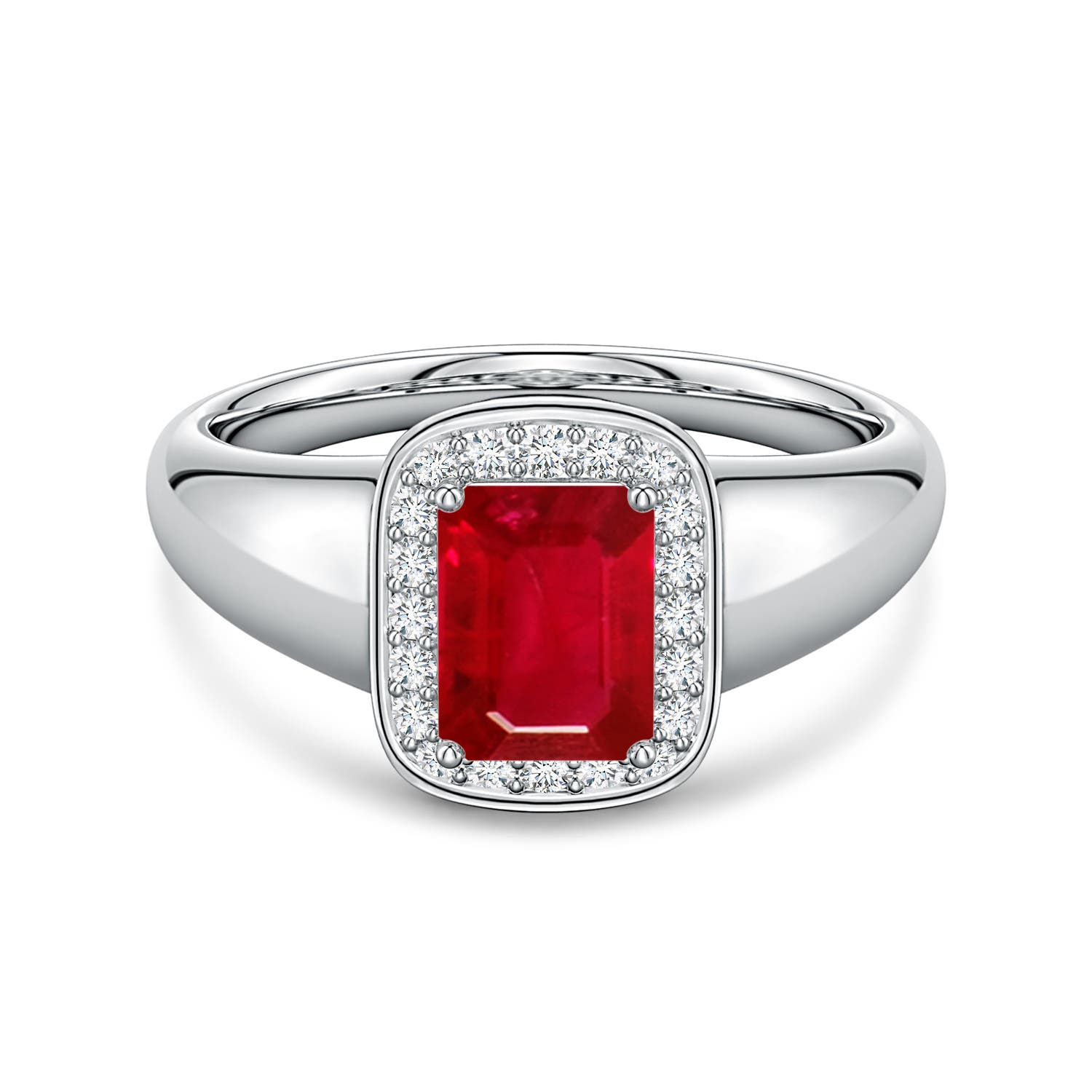 7x5mm AAA Emerald-Cut Ruby Signet Halo Engagement Ring in White Gold