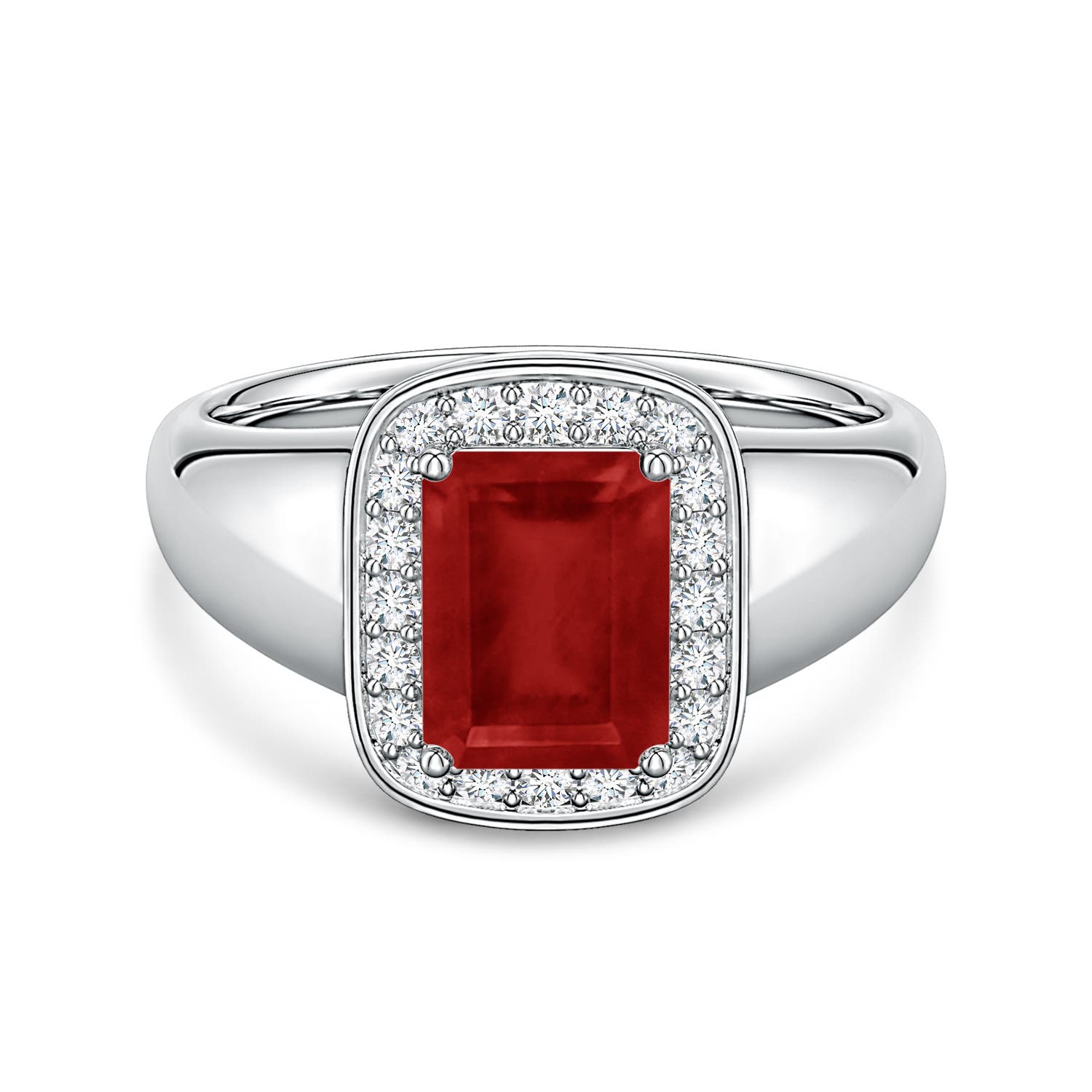 8x6mm AA Emerald-Cut Ruby Signet Halo Engagement Ring in White Gold