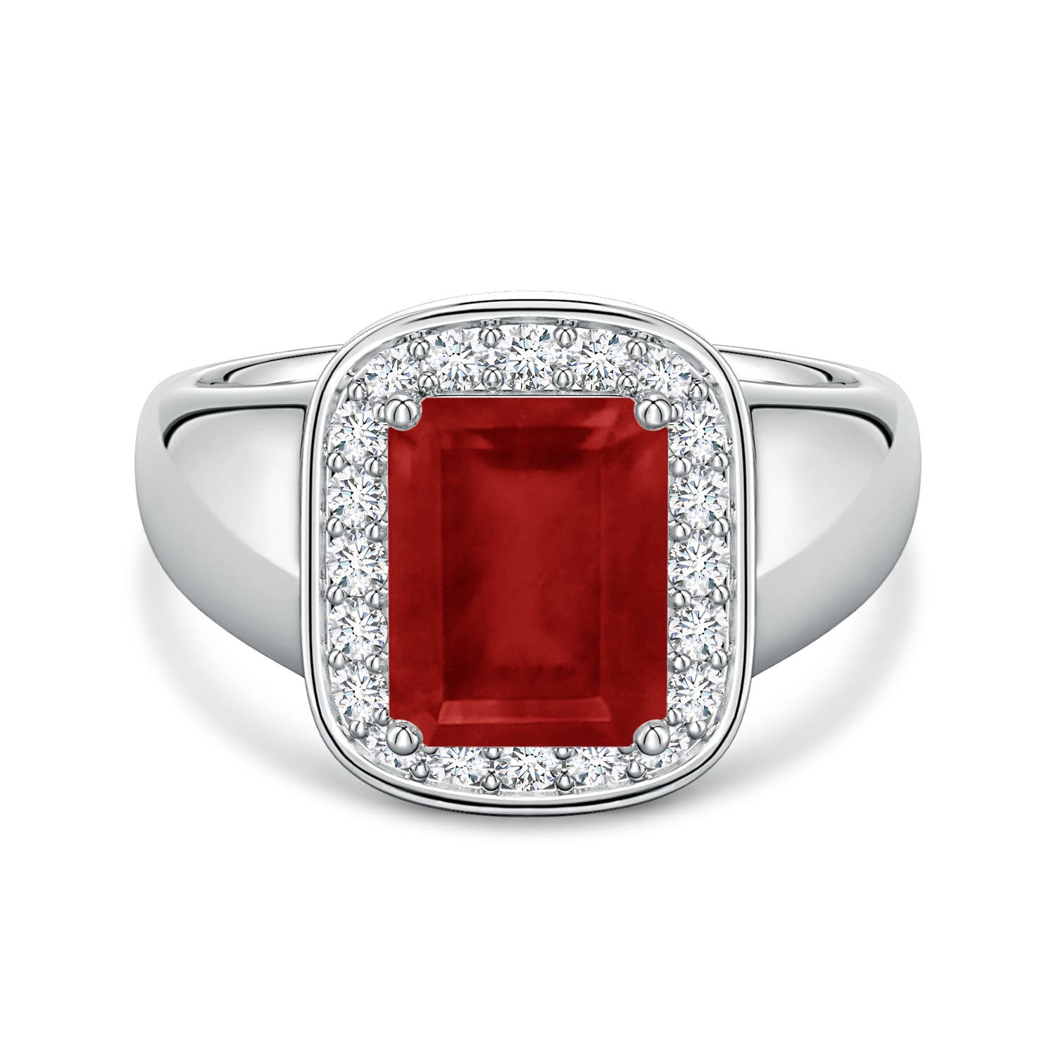 9x7mm AA Emerald-Cut Ruby Signet Halo Engagement Ring in White Gold