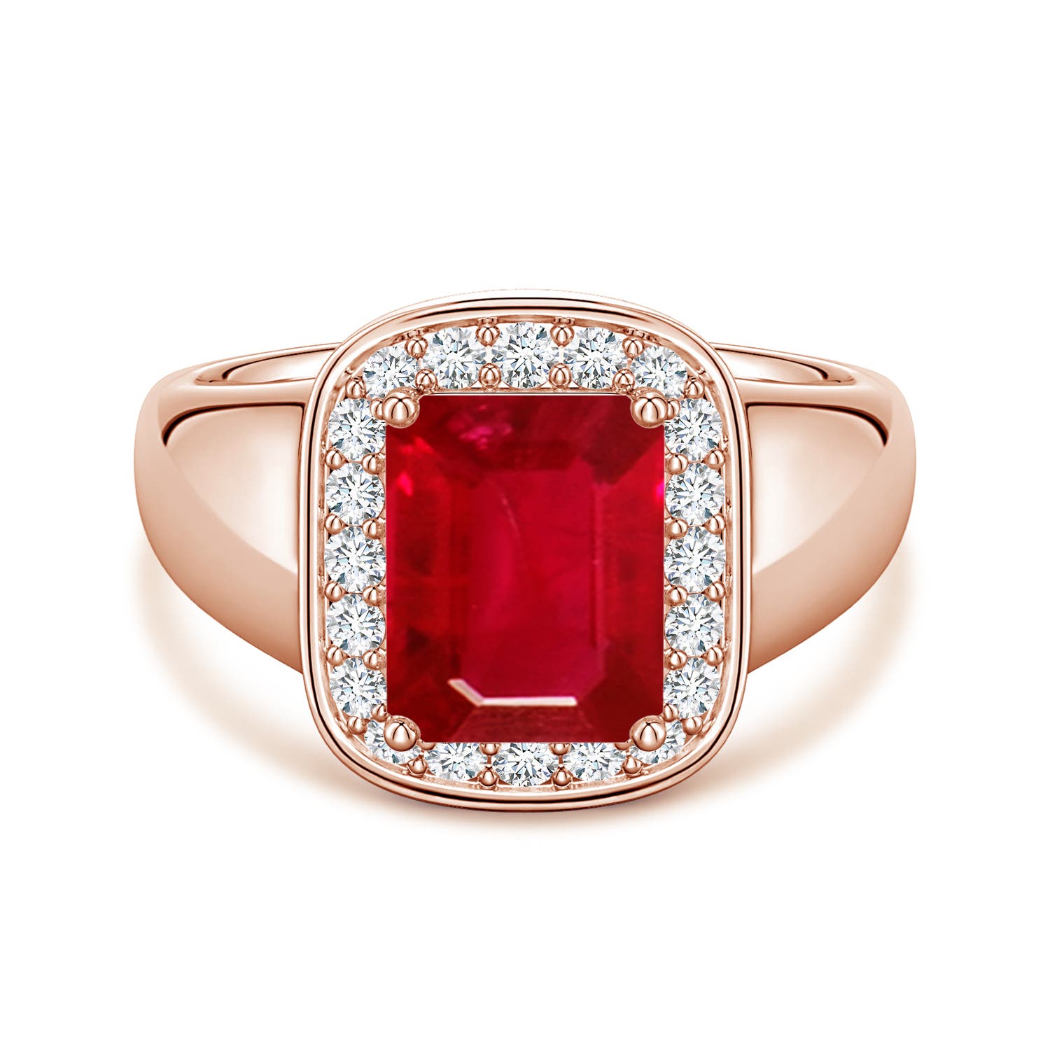 9x7mm AAA Emerald-Cut Ruby Signet Halo Engagement Ring in 18CT Rose Gold