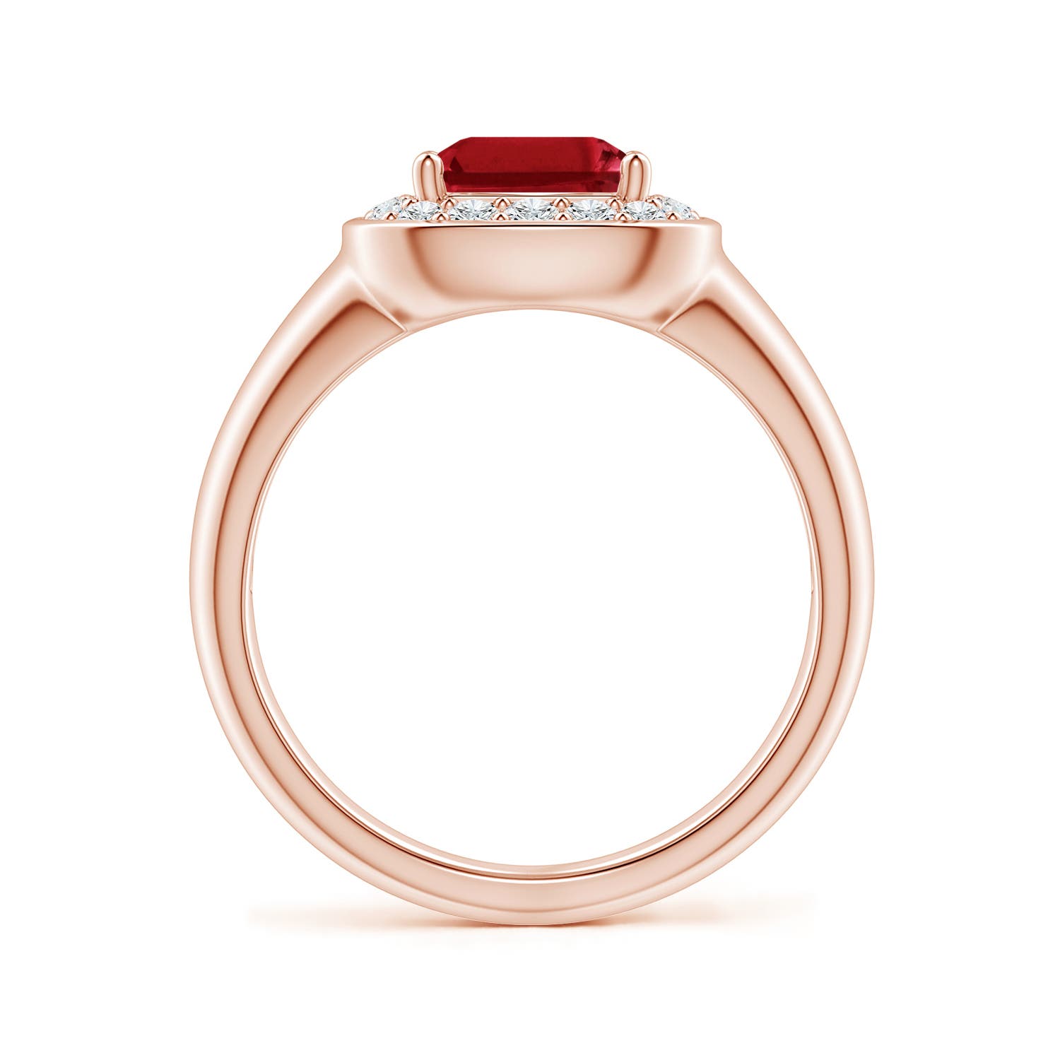 9x7mm AAA Emerald-Cut Ruby Signet Halo Engagement Ring in 18K Rose Gold