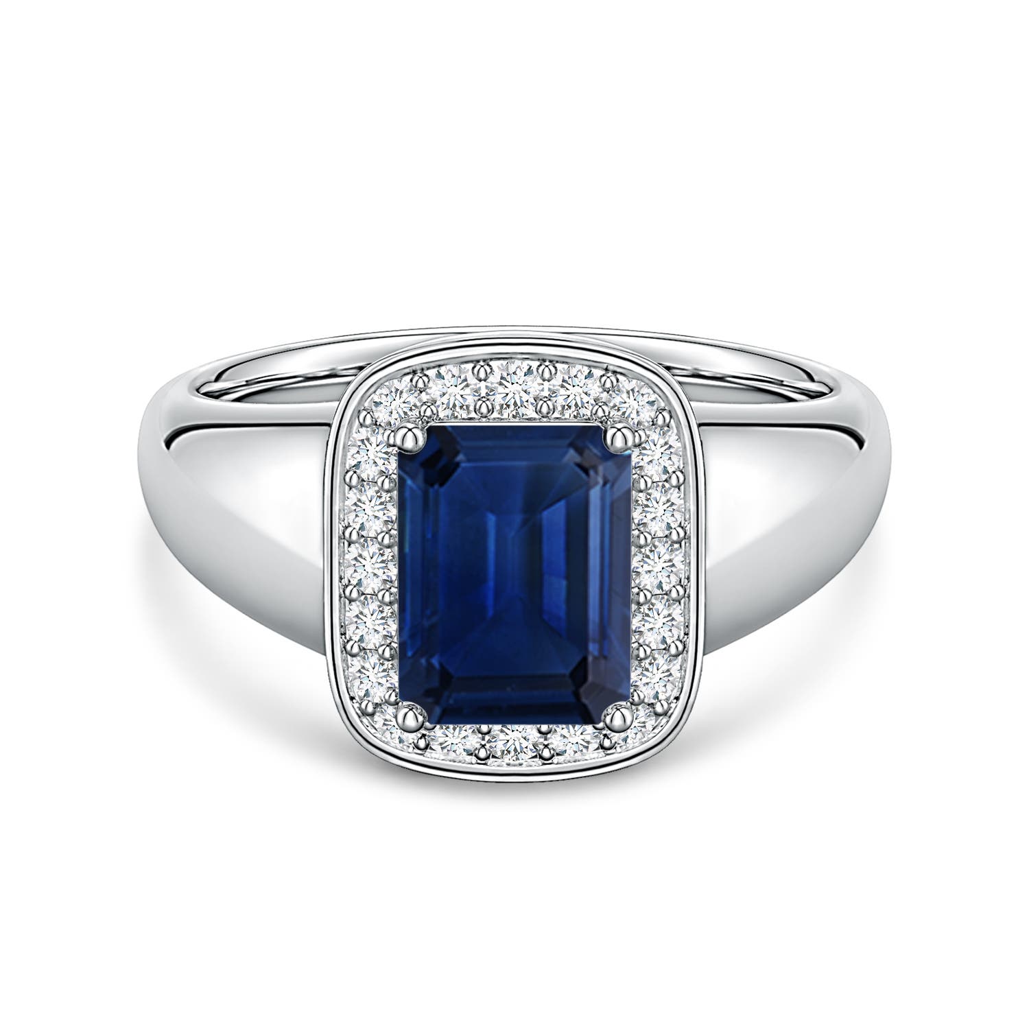 8x6mm AAA Emerald-Cut Blue Sapphire Signet Halo Engagement Ring in White Gold