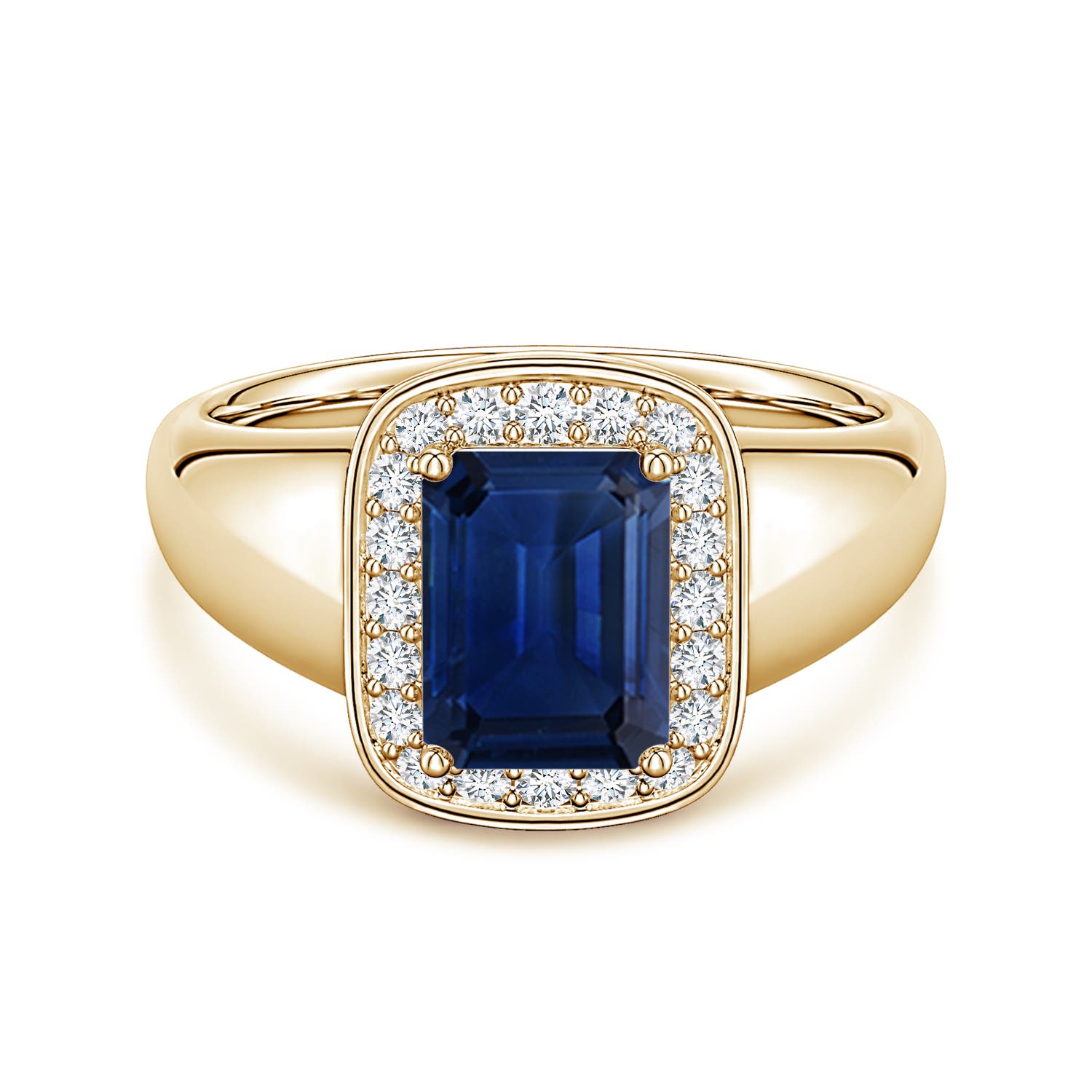 8x6mm AAA Emerald-Cut Blue Sapphire Signet Halo Engagement Ring in Yellow Gold