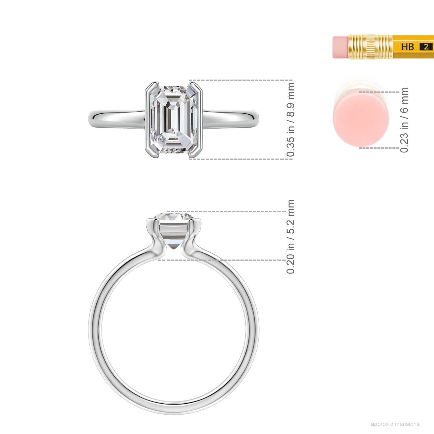 7.5x5.5mm IJI1I2 Semi Bezel-Set Emerald-Cut Diamond Solitaire Engagement Ring in White Gold - ruler