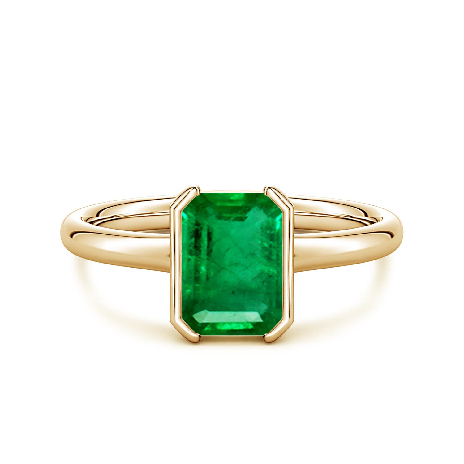 8x6mm AAA Semi Bezel-Set Emerald-Cut Emerald Solitaire Engagement Ring in Yellow Gold