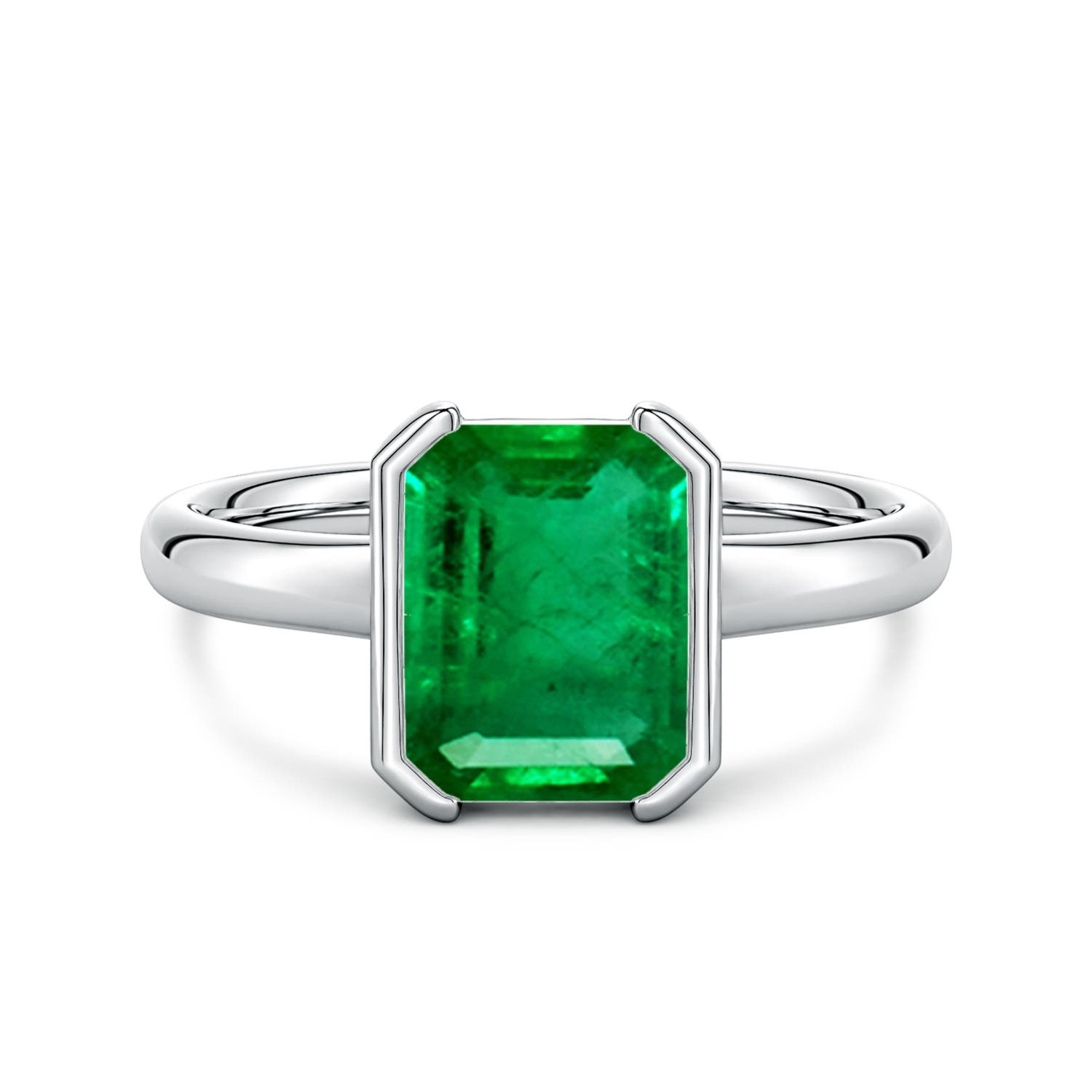 9x7mm AAA Semi Bezel-Set Emerald-Cut Emerald Solitaire Engagement Ring in White Gold