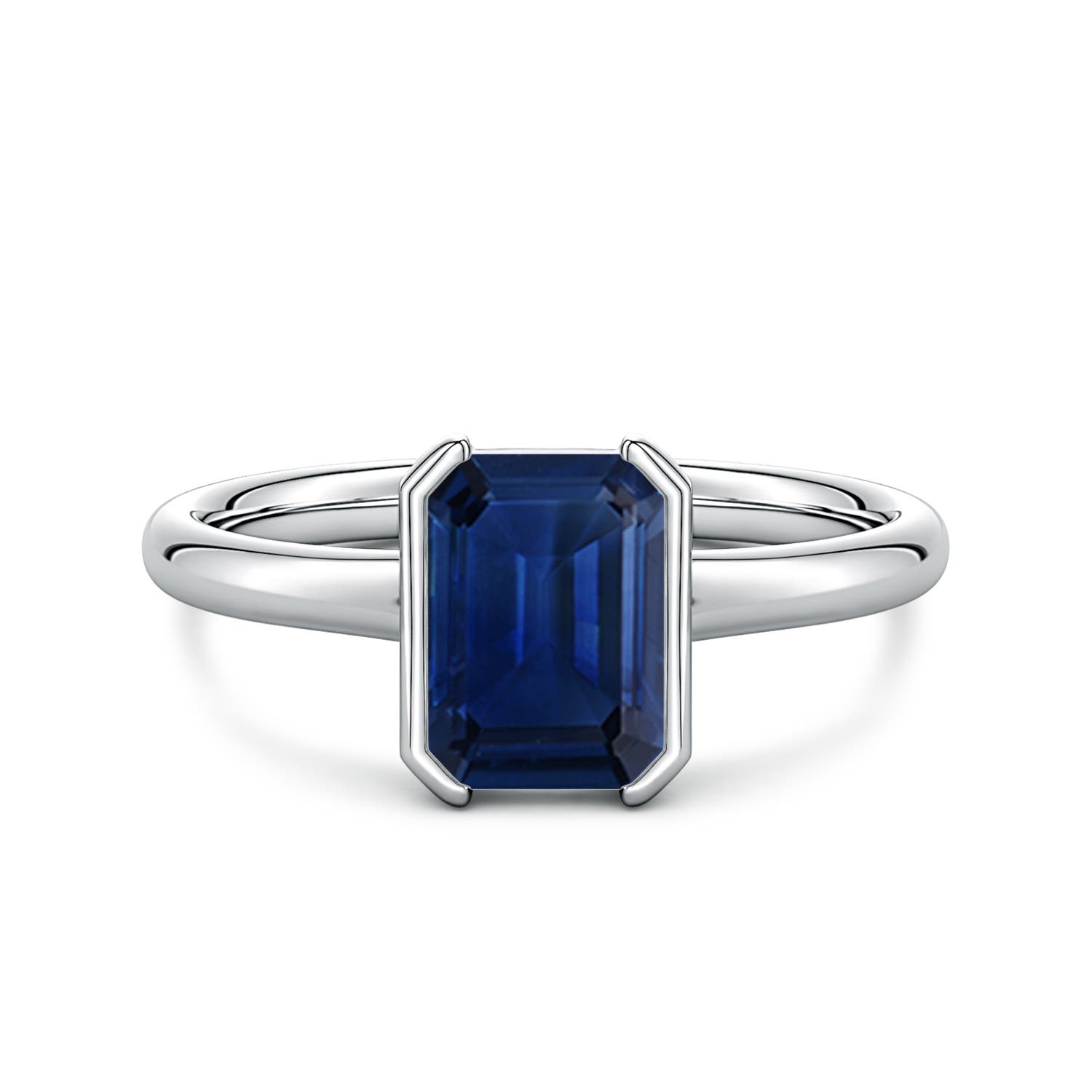 8x6mm AAA Semi Bezel-Set Emerald-Cut Blue Sapphire Solitaire Engagement Ring in White Gold