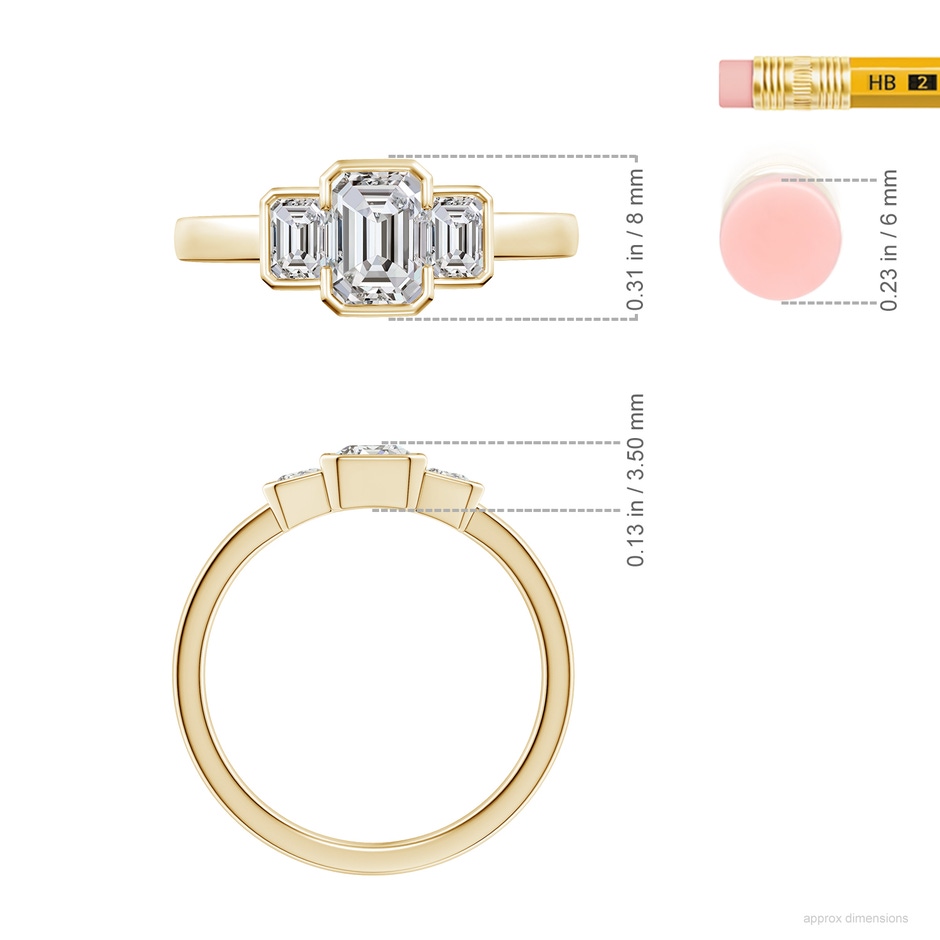 6.5x4.5mm IJI1I2 Semi Bezel-Set Emerald-Cut Diamond Three-Stone Engagement Ring in Yellow Gold ruler