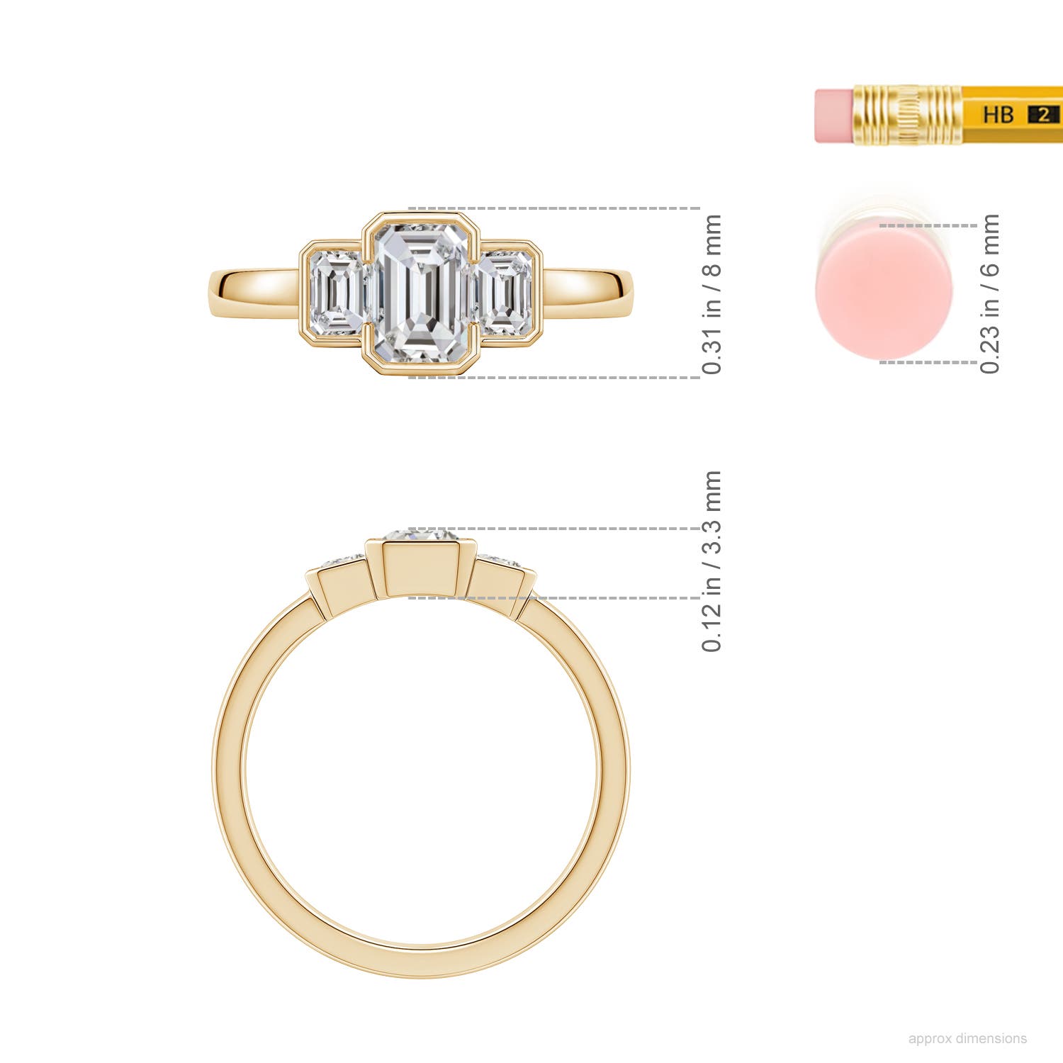 6.5x4.5mm IJI1I2 Semi Bezel-Set Emerald-Cut Diamond Three-Stone Engagement Ring in Yellow Gold - ruler