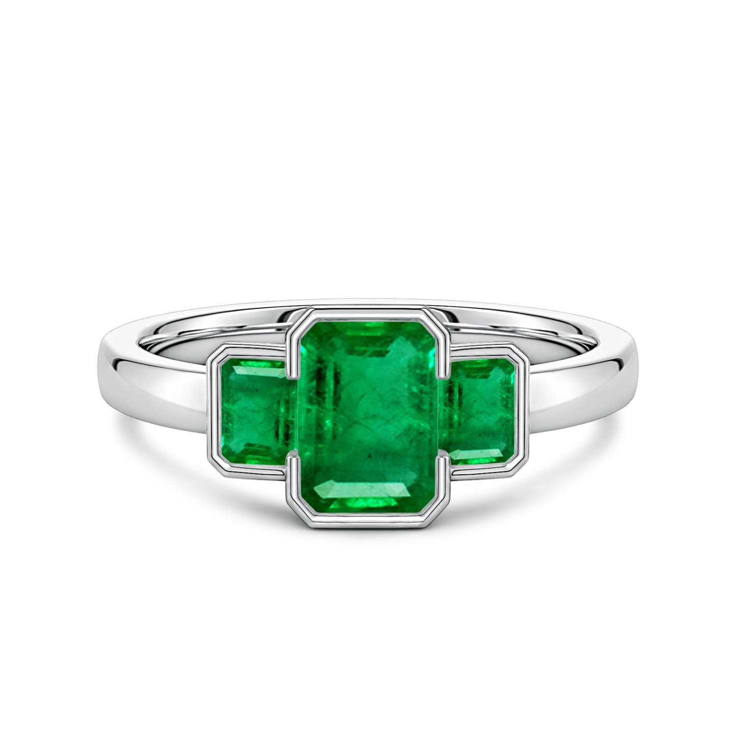 7x5mm AAA Semi Bezel-Set Emerald-Cut Emerald Three-Stone Engagement Ring in White Gold