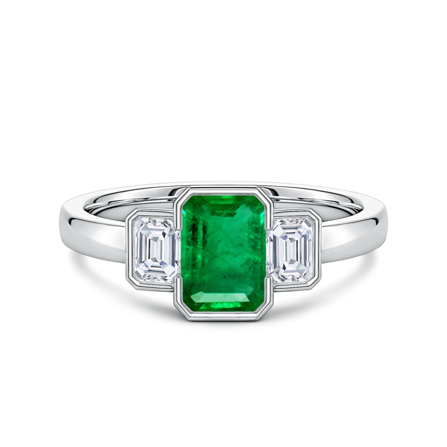 7x5mm AAA Semi Bezel-Set Emerald-Cut Emerald and Diamond Three-Stone Engagement Ring in 18K White Gold