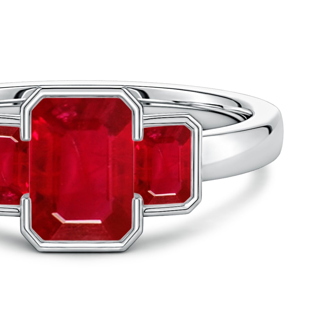 7x5mm AAA Semi Bezel-Set Emerald-Cut Ruby Three-Stone Engagement Ring in White Gold - side 4