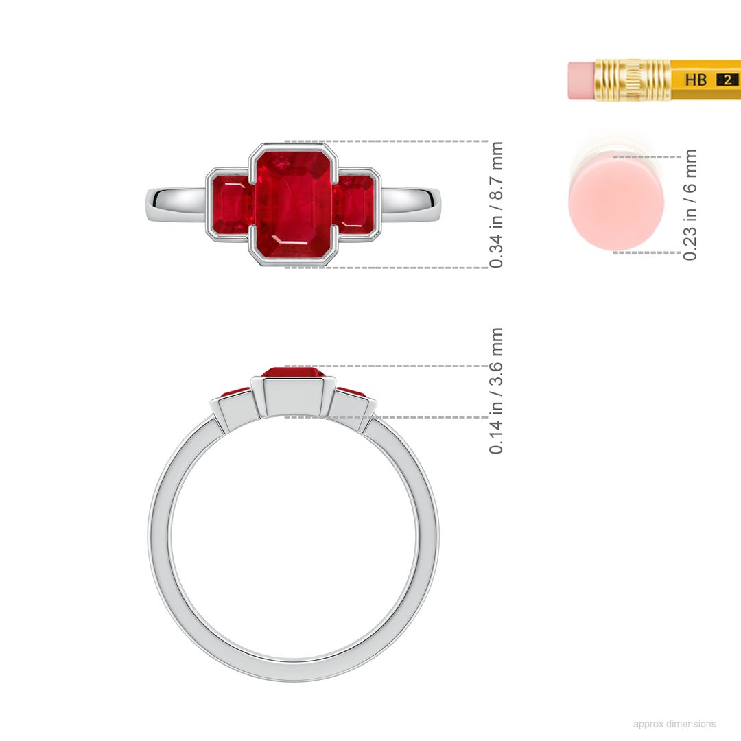 7x5mm AAA Semi Bezel-Set Emerald-Cut Ruby Three-Stone Engagement Ring in White Gold - ruler