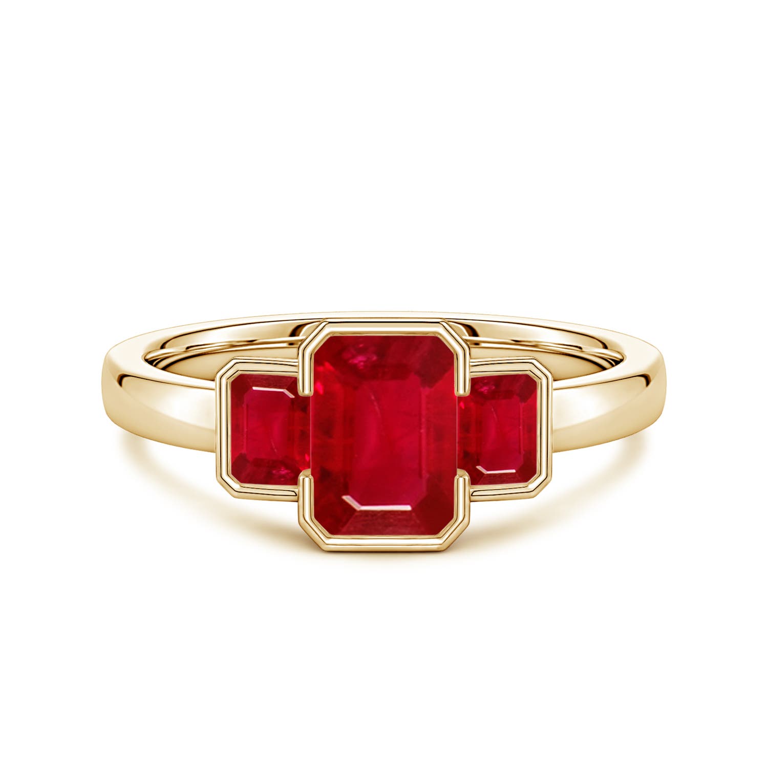 7x5mm AAA Semi Bezel-Set Emerald-Cut Ruby Three-Stone Engagement Ring in Yellow Gold