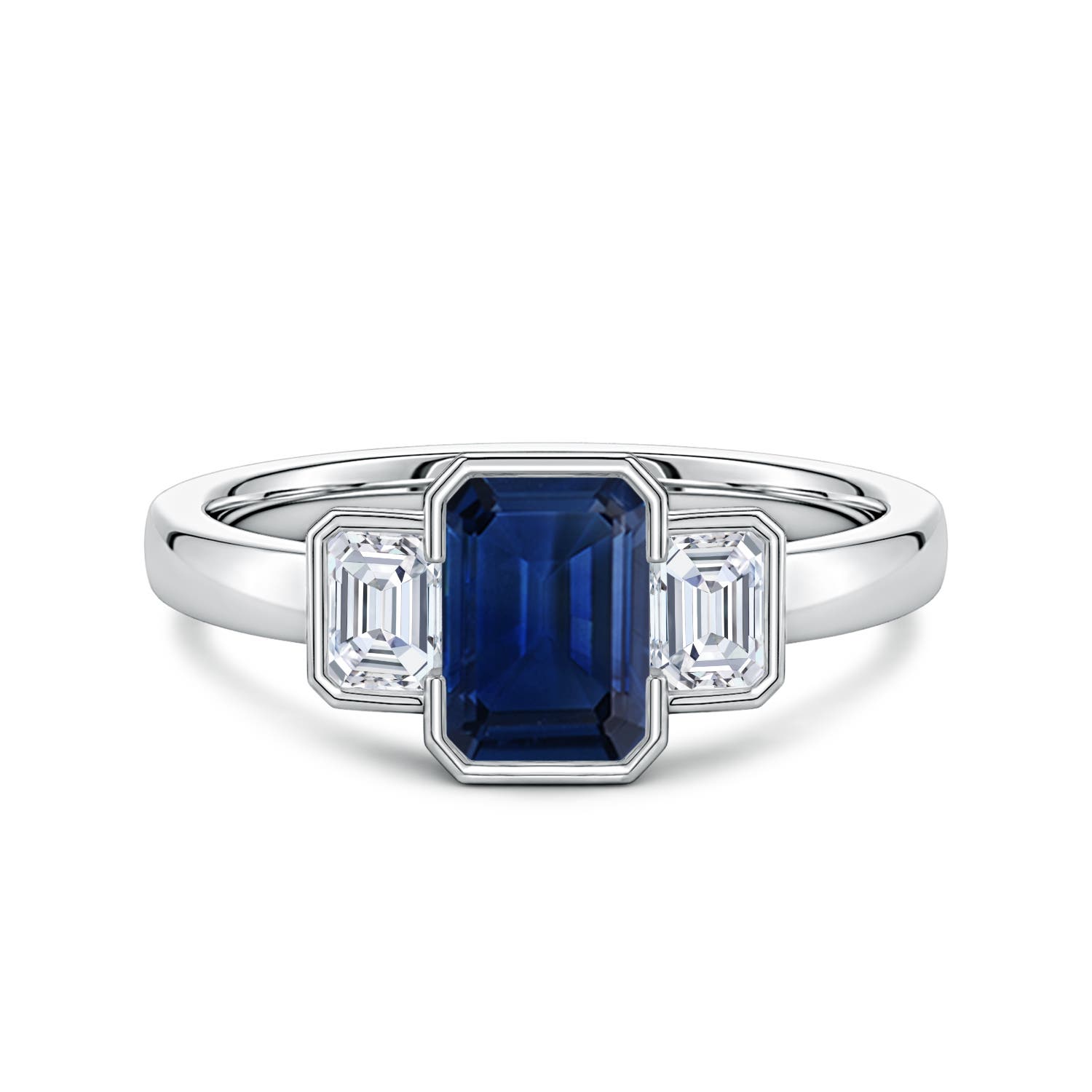 7x5mm AAA Semi Bezel-Set Emerald-Cut Blue Sapphire and Diamond Three-Stone Engagement Ring in White Gold