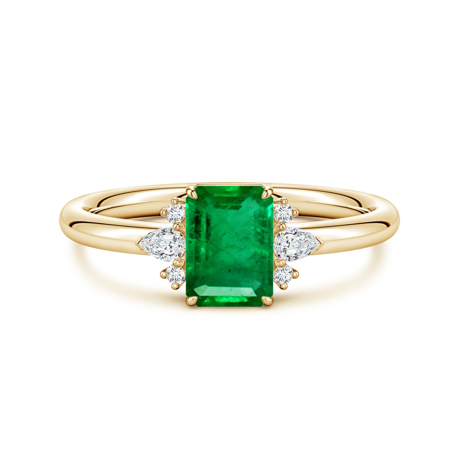 7x5mm AAA Four-Claw Prong Emerald-Cut Emerald Side Stone Engagement Ring in Yellow Gold