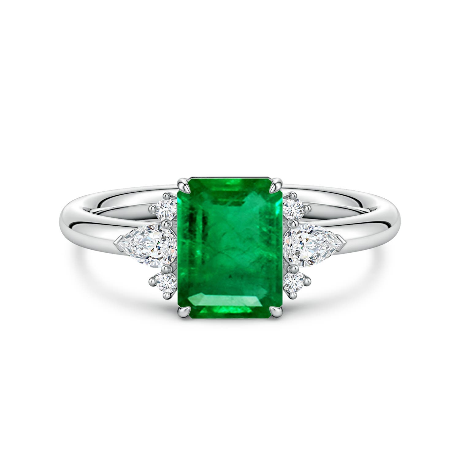8x6mm AAA Four-Claw Prong Emerald-Cut Emerald Side Stone Engagement Ring in White Gold