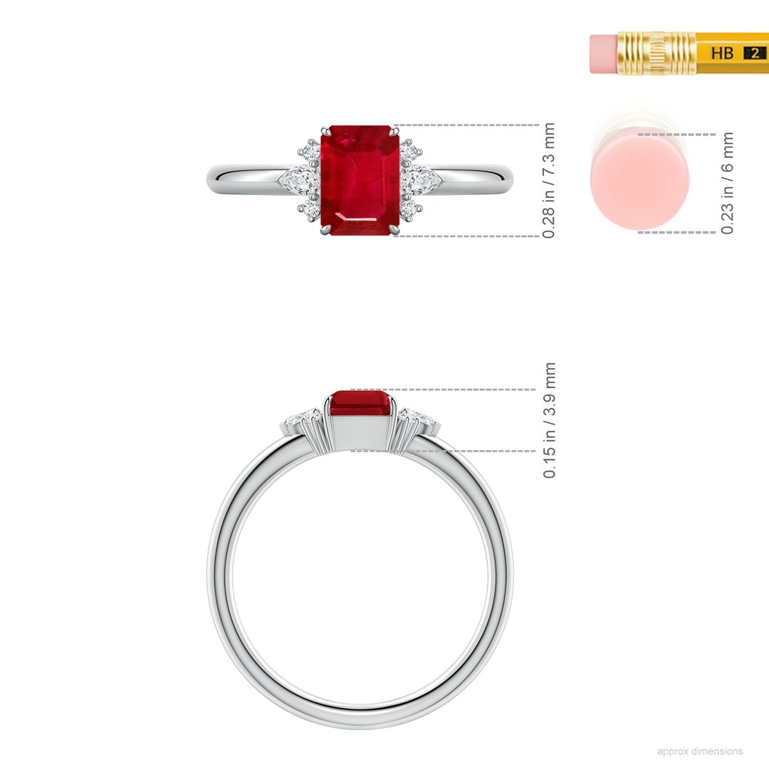 Side Part Ruby Four-Claw Prong Emerald-Cut Ruby Side Stone Engagement Ring