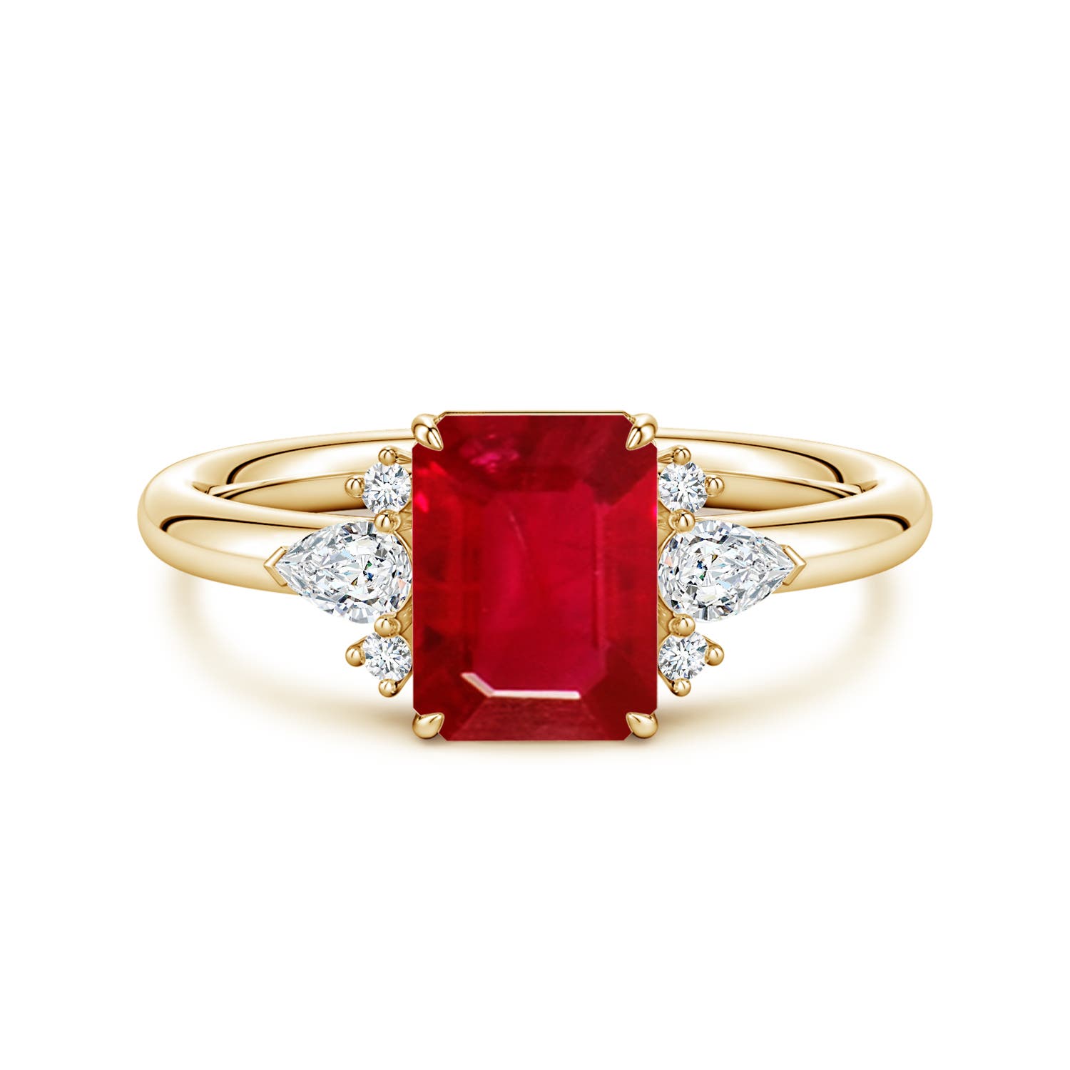 8x6mm AAA Four-Claw Prong Emerald-Cut Ruby Side Stone Engagement Ring in Yellow Gold