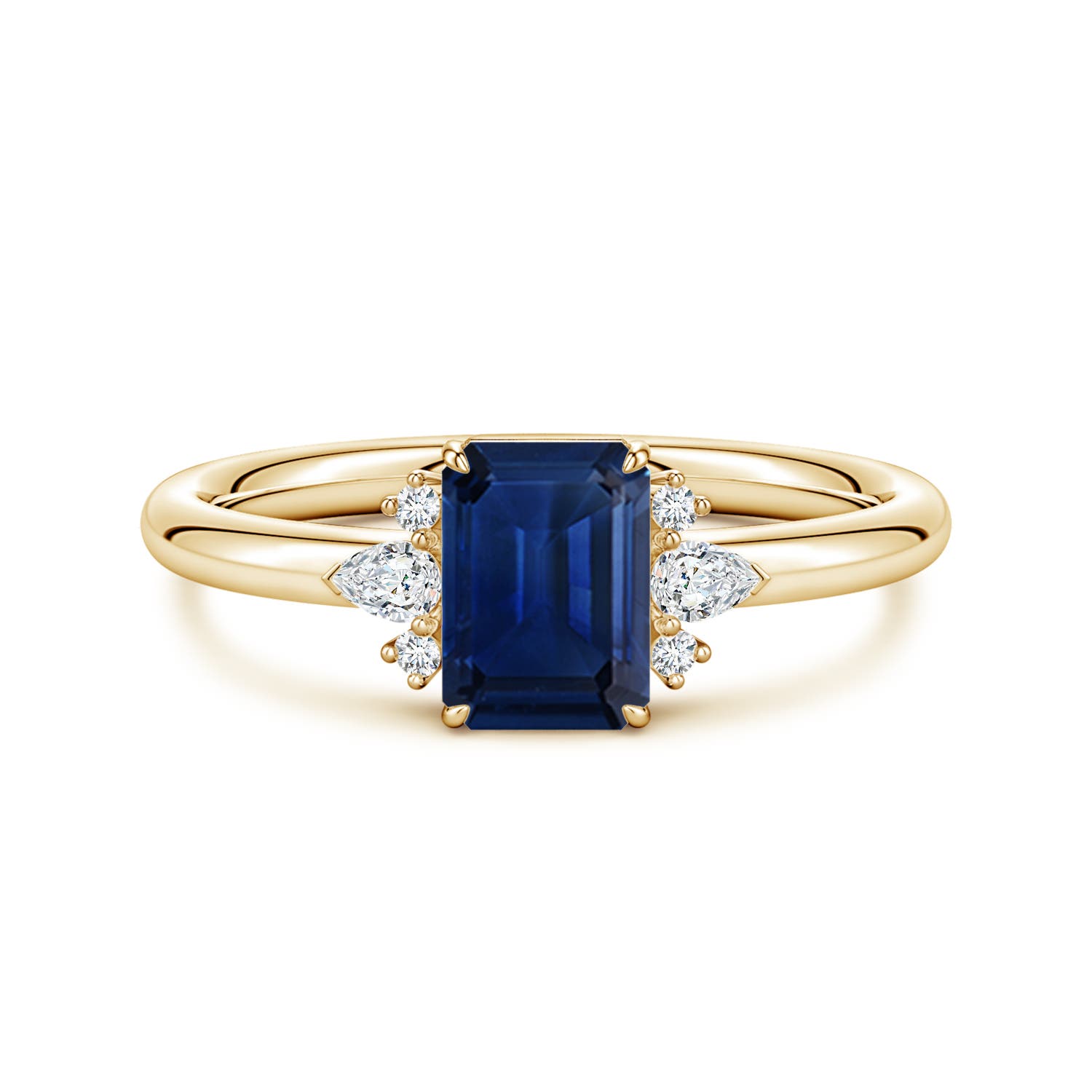7x5mm AAA Four-Claw Prong Emerald-Cut Blue Sapphire Side Stone Engagement Ring in Yellow Gold