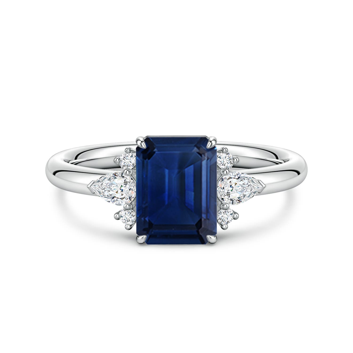 8x6mm AAA Four-Claw Prong Emerald-Cut Blue Sapphire Side Stone Engagement Ring in White Gold