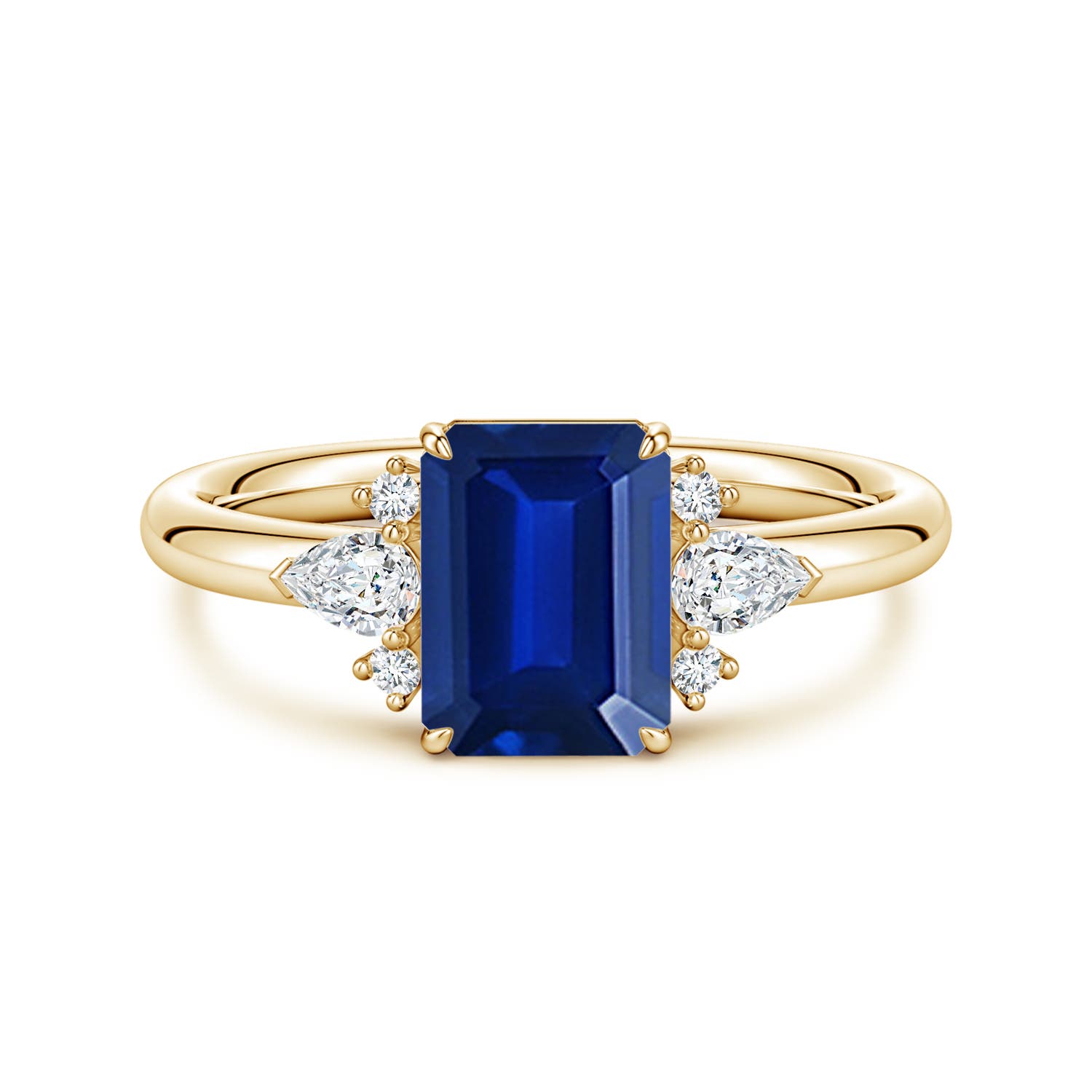 8x6mm AAAA Four-Claw Prong Emerald-Cut Blue Sapphire Side Stone Engagement Ring in Yellow Gold
