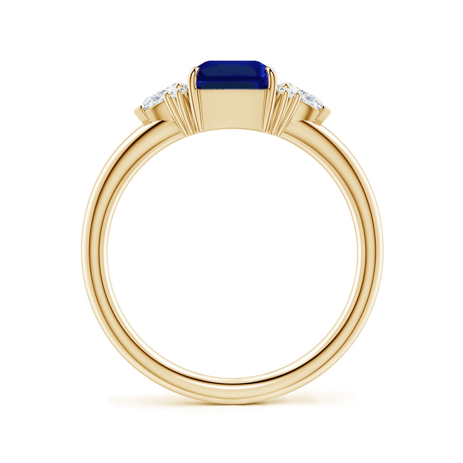 8x6mm AAAA Four-Claw Prong Emerald-Cut Blue Sapphire Side Stone Engagement Ring in Yellow Gold