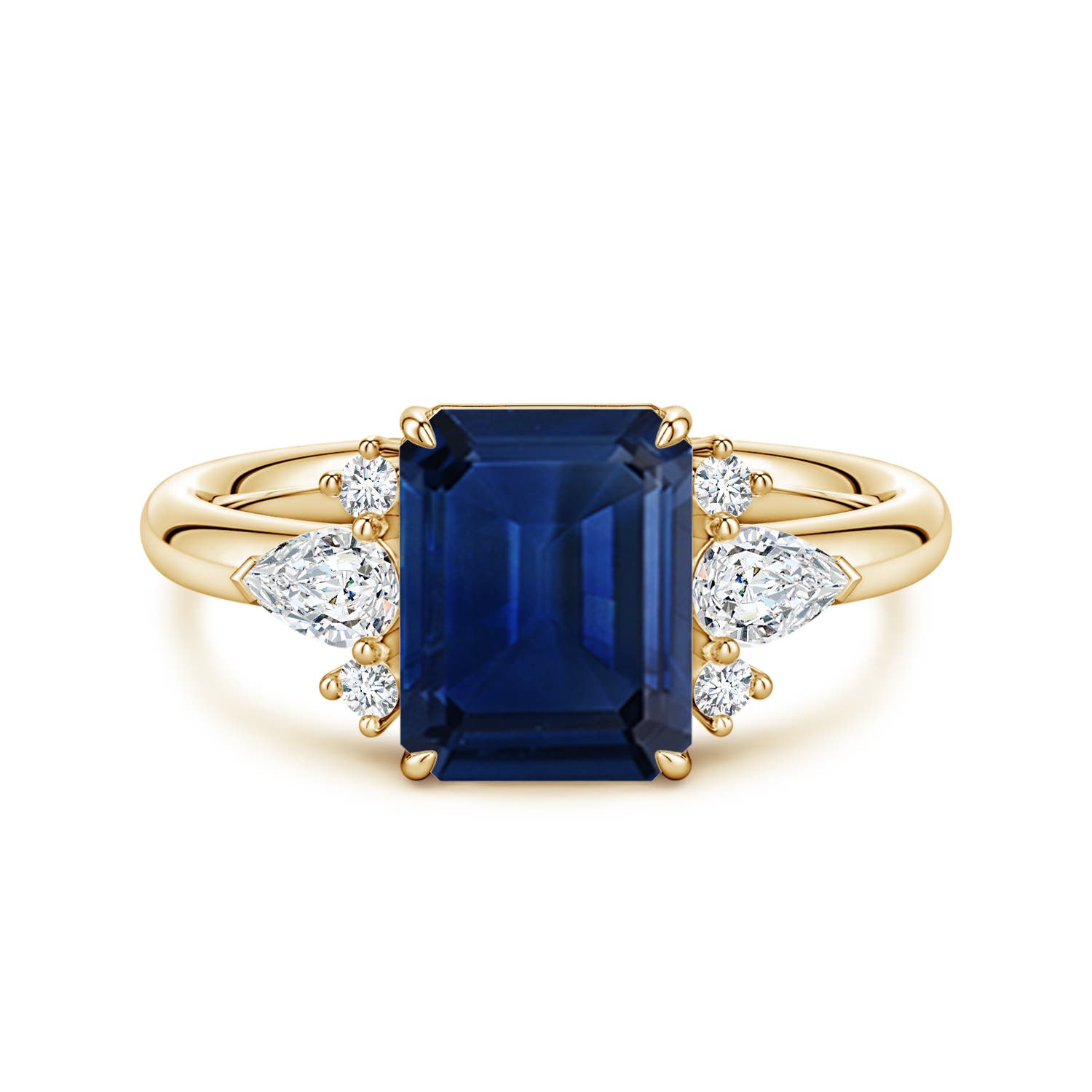9x7mm AAA Four-Claw Prong Emerald-Cut Blue Sapphire Side Stone Engagement Ring in Yellow Gold