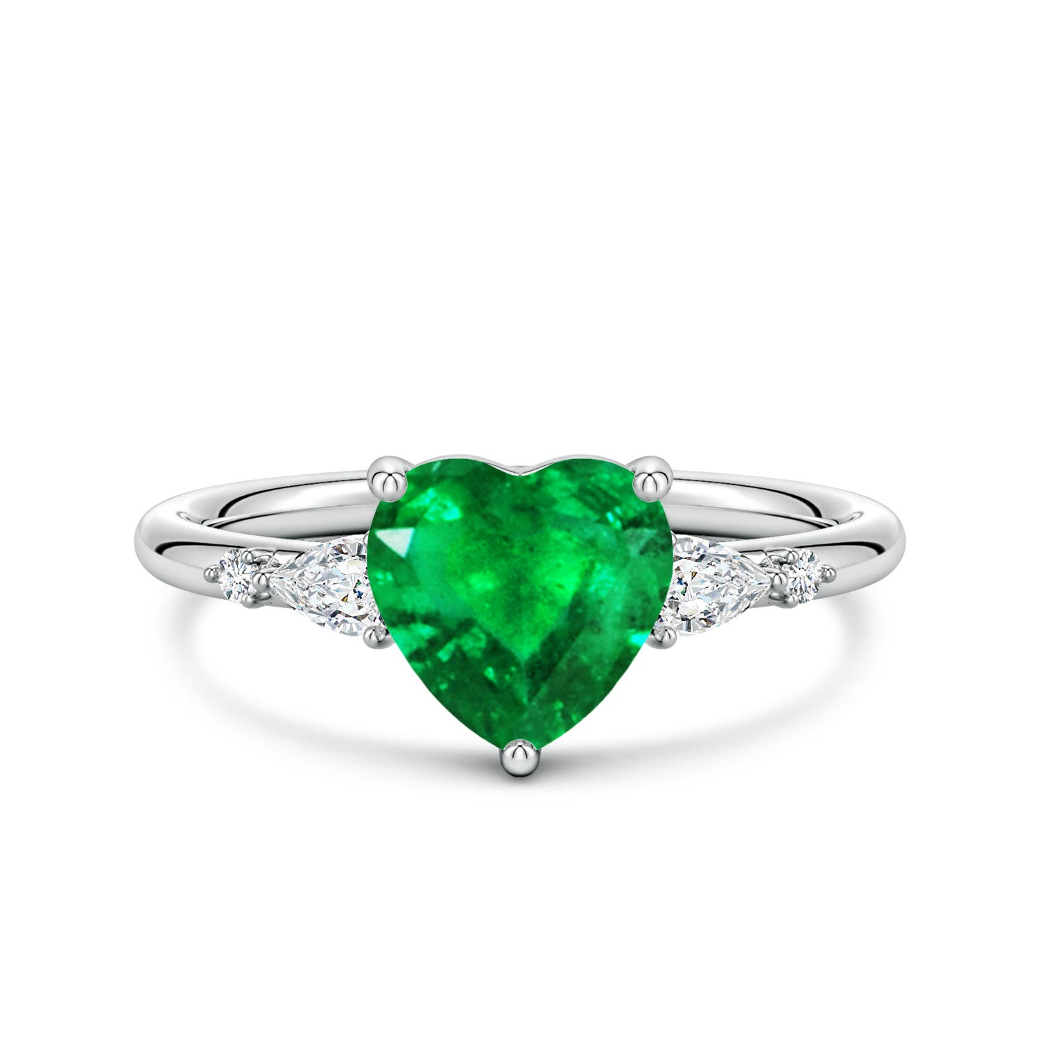 7mm AAA Prong-Set Heart-Shaped Emerald Side Stone Engagement Ring in White Gold