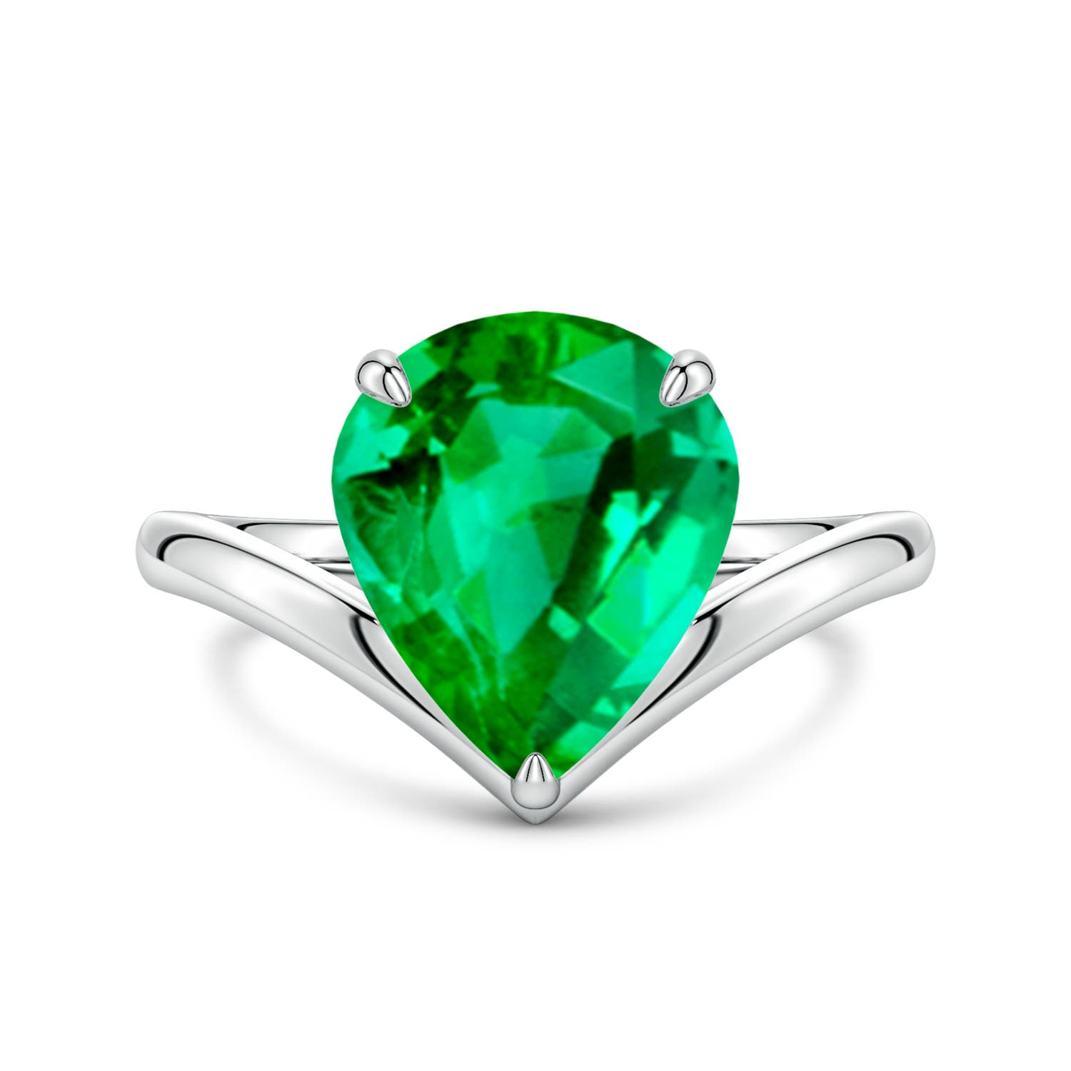 12x10mm AAA Solitaire Pear Emerald V-Shaped Engagement Ring in White Gold