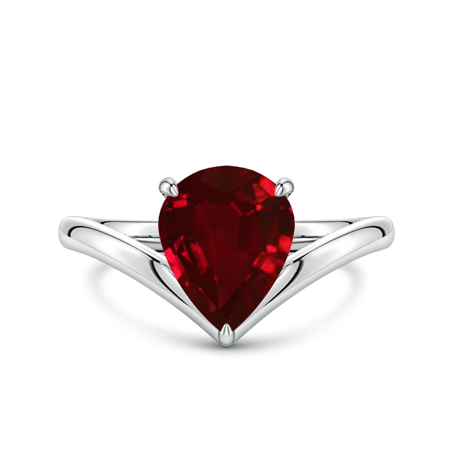 10x8mm AAAA Solitaire Pear Ruby V-Shaped Engagement Ring in P950 Platinum