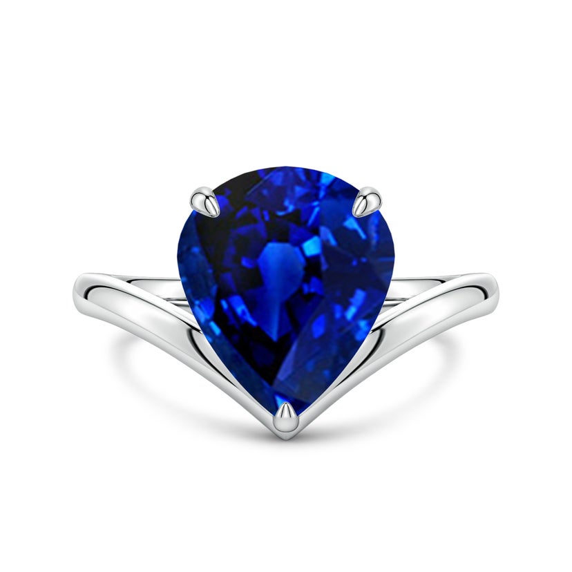 Solitaire Pear Blue Sapphire V-Shaped Engagement Ring