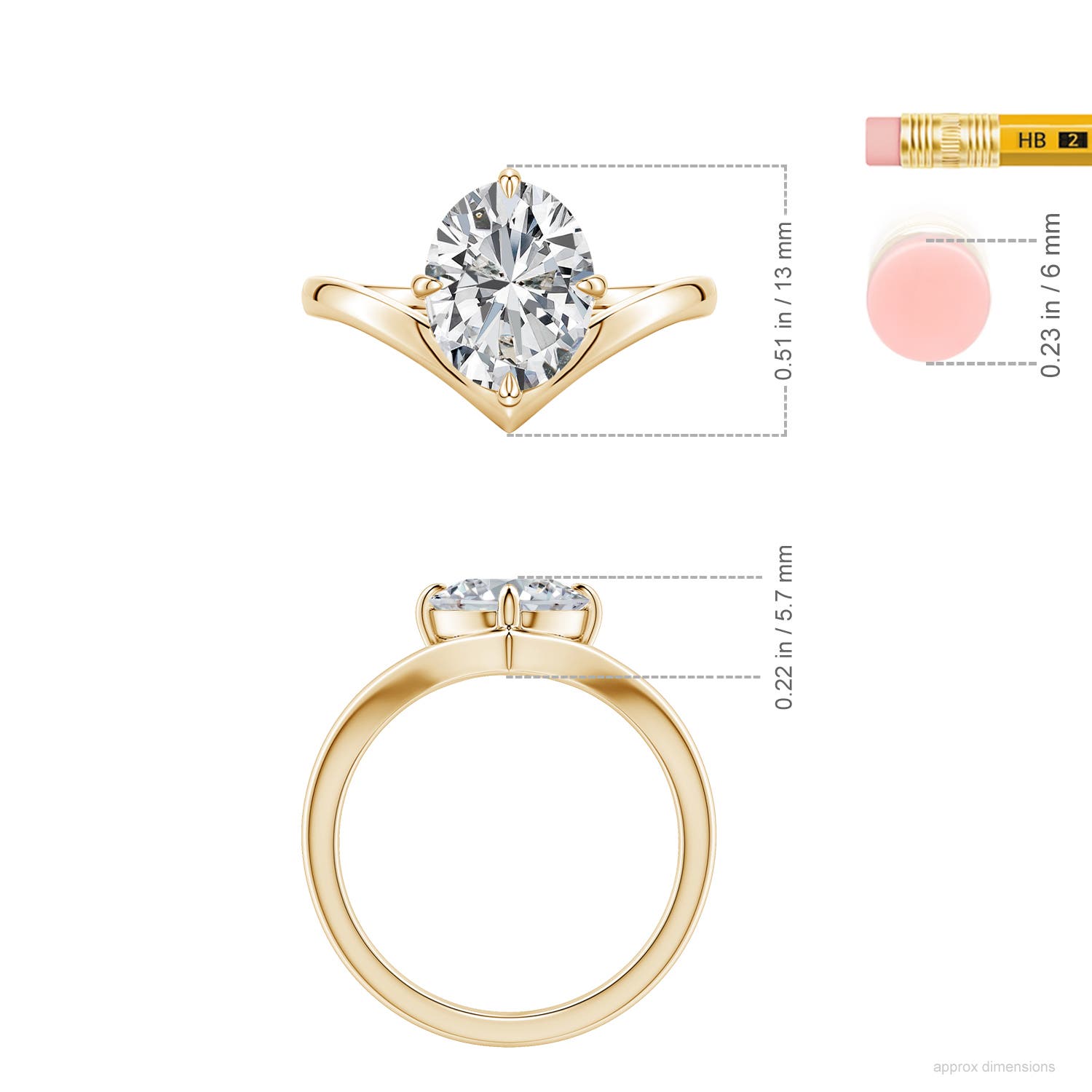 10x8mm HSI2 Solitaire Oval Diamond V-Shaped Engagement Ring in Yellow Gold - ruler