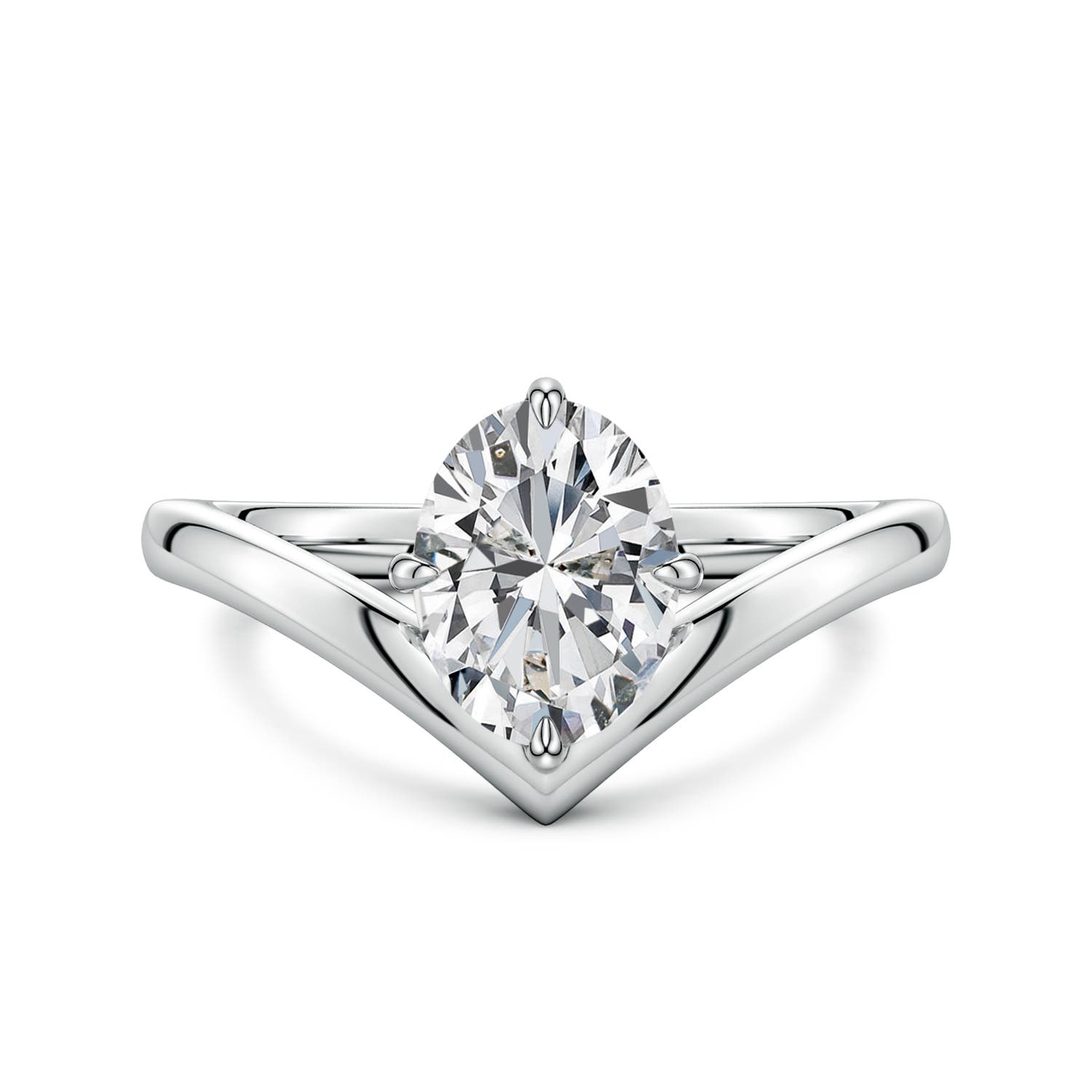 8.5x6.5mm HSI2 Solitaire Oval Diamond V-Shaped Engagement Ring in 18K White Gold