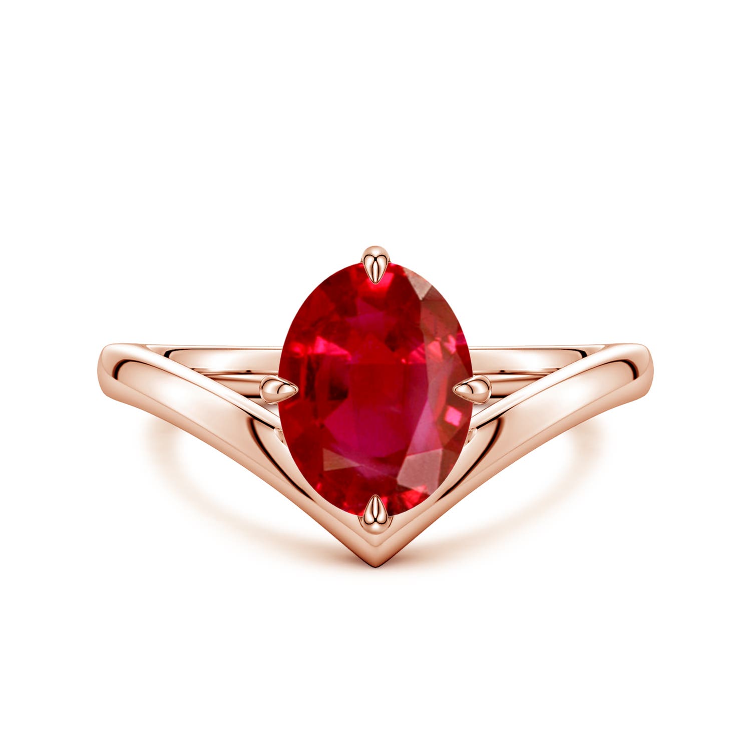 9x7mm AAA Solitaire Oval Ruby V-Shaped Engagement Ring in Rose Gold