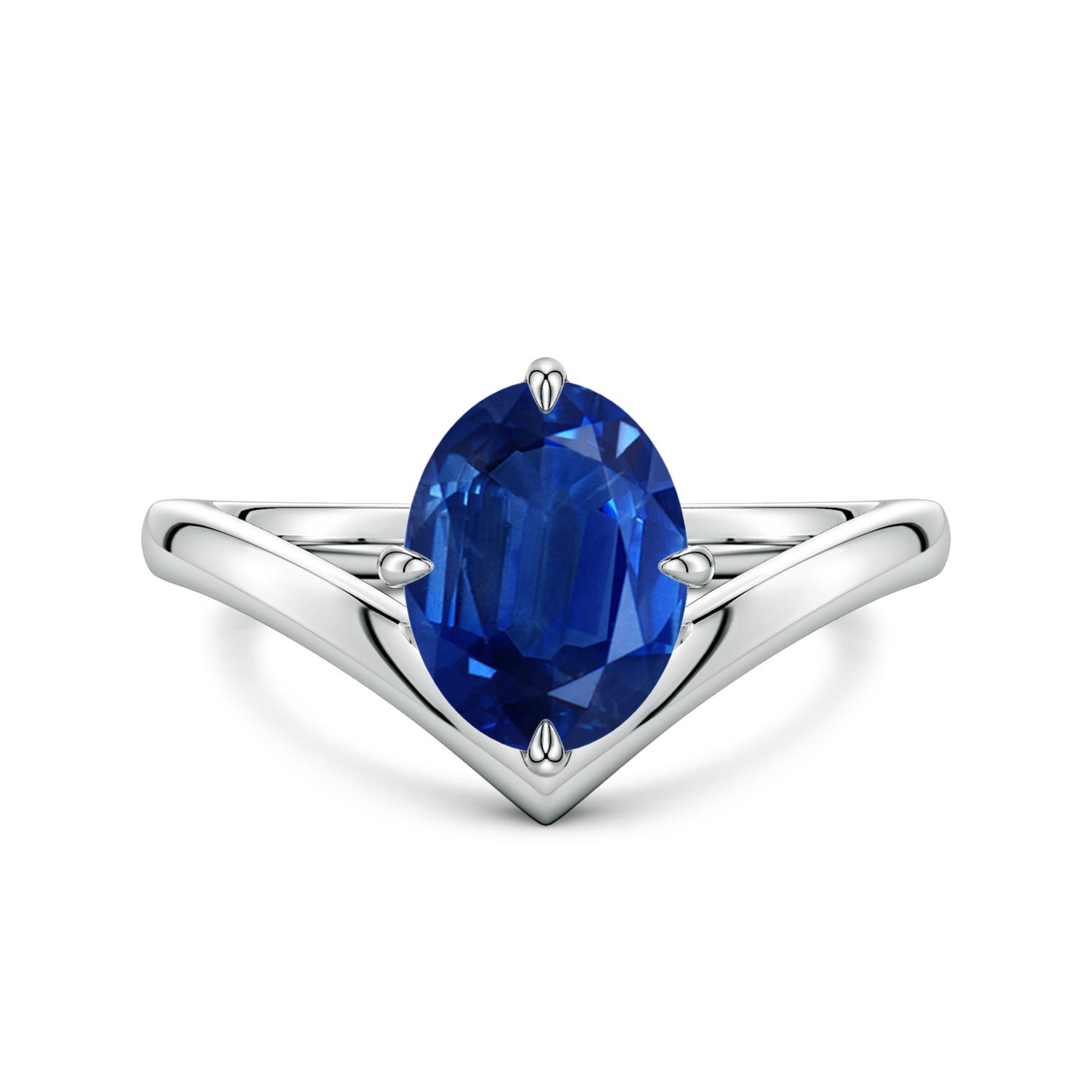 9x7mm AAA Solitaire Oval Blue Sapphire V-Shaped Engagement Ring in 18K White Gold