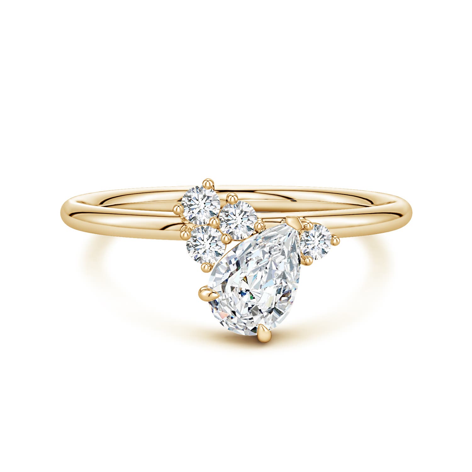 7x5mm GVS2 Off-Centered Pear Diamond Engagement Ring with Scattered Accents in Yellow Gold