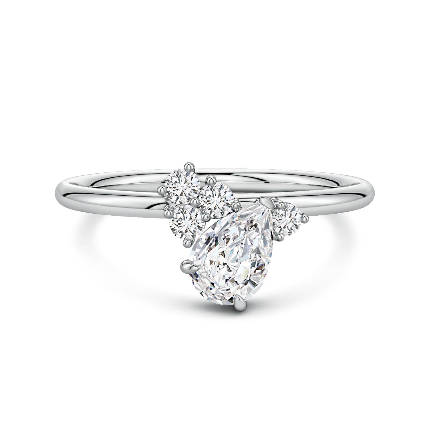 7x5mm HSI2 Off-Centered Pear Diamond Engagement Ring with Scattered Accents in 18K White Gold