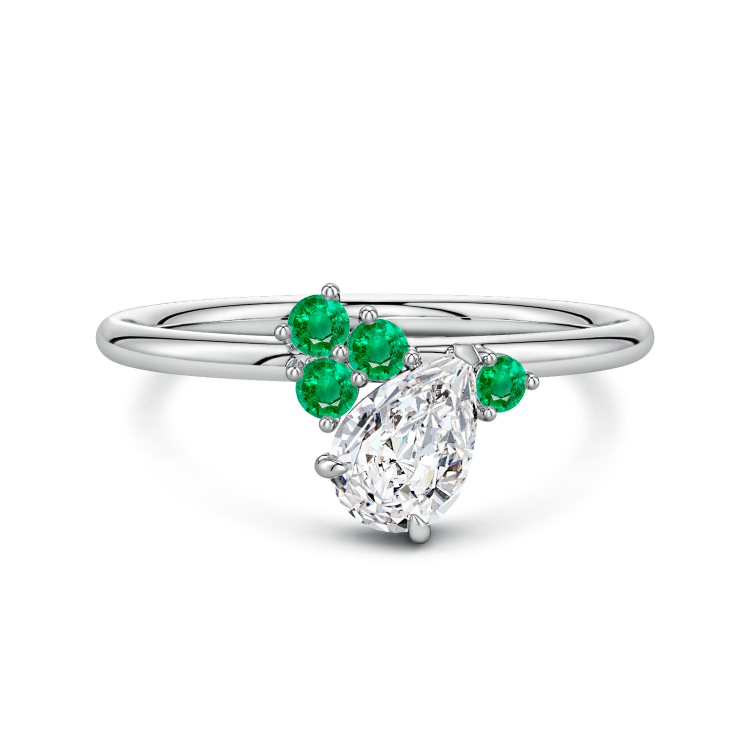 7x5mm HSI2 Off-Centered Pear Diamond Engagement Ring with Scattered Emeralds in White Gold