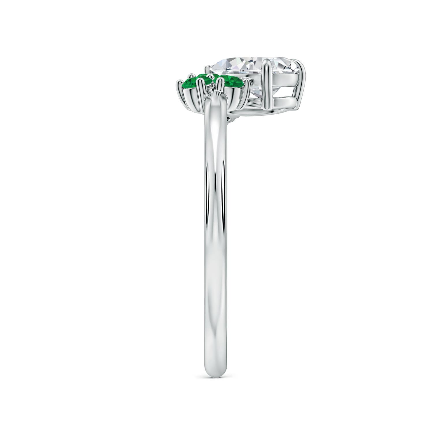 7x5mm HSI2 Off-Centered Pear Diamond Engagement Ring with Scattered Emeralds in White Gold - side 3