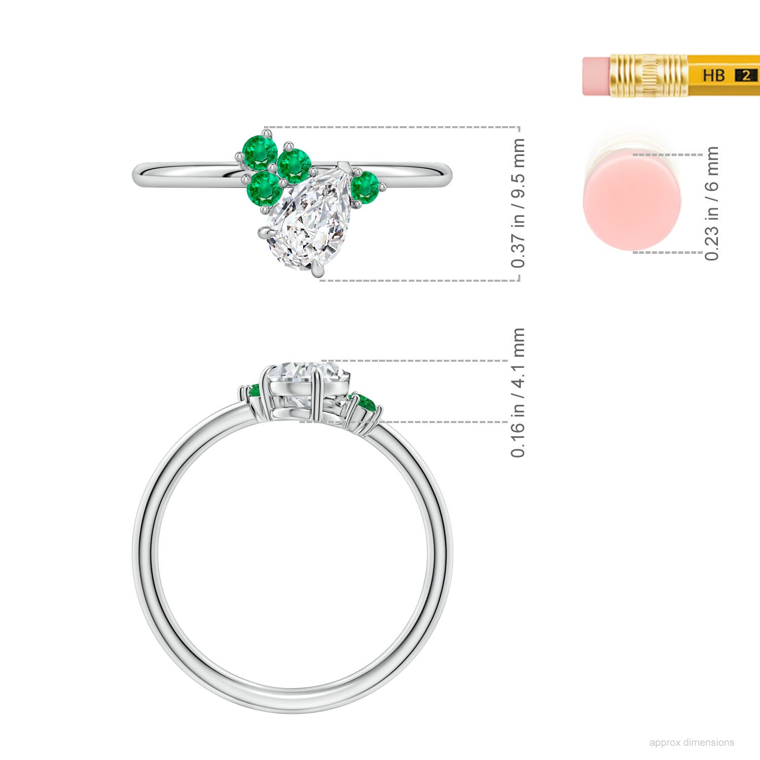 7x5mm HSI2 Off-Centered Pear Diamond Engagement Ring with Scattered Emeralds in White Gold - ruler