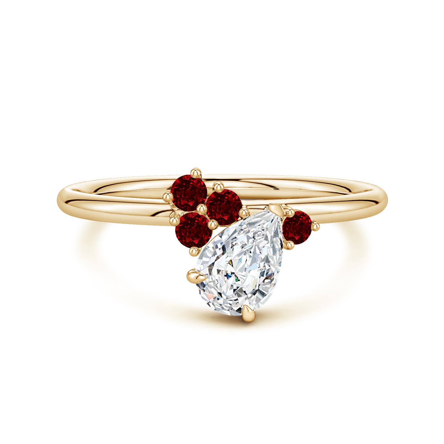 7x5mm GVS2 Off-Centered Pear Diamond Engagement Ring with Scattered Rubies in Yellow Gold