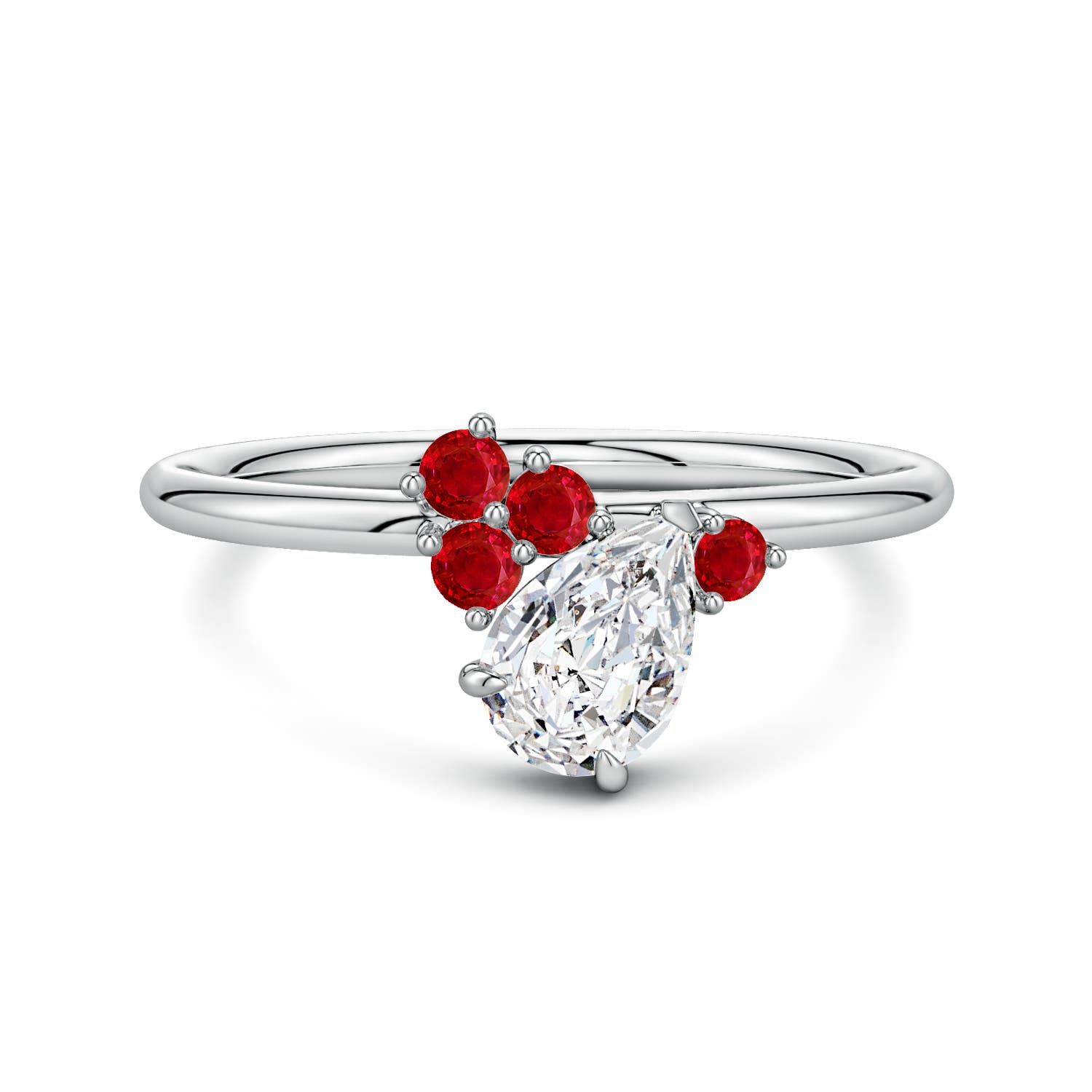 7x5mm HSI2 Off-Centered Pear Diamond Engagement Ring with Scattered Rubies in White Gold