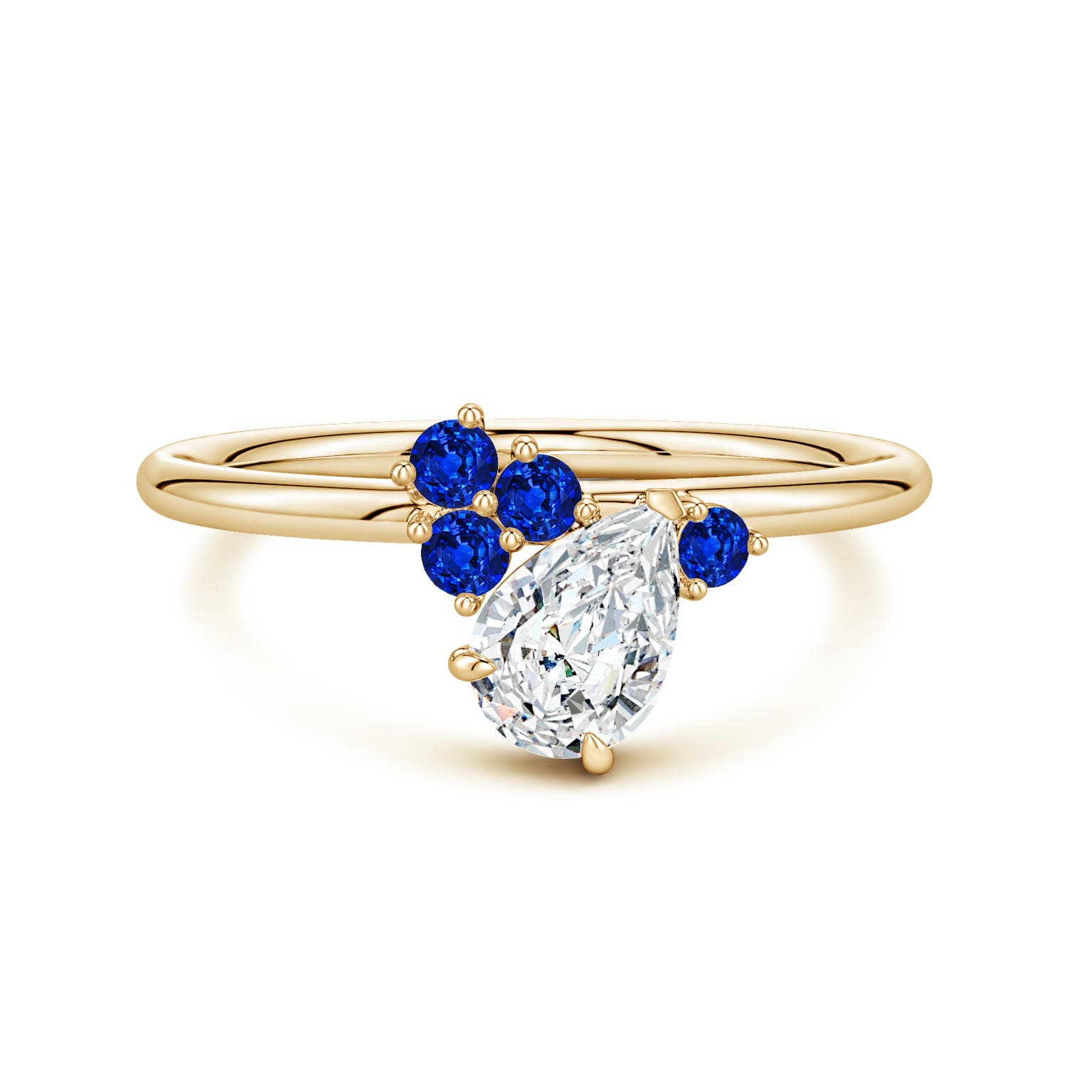 7x5mm GVS2 Off-Centered Pear Diamond Engagement Ring with Scattered Blue Sapphires in Yellow Gold
