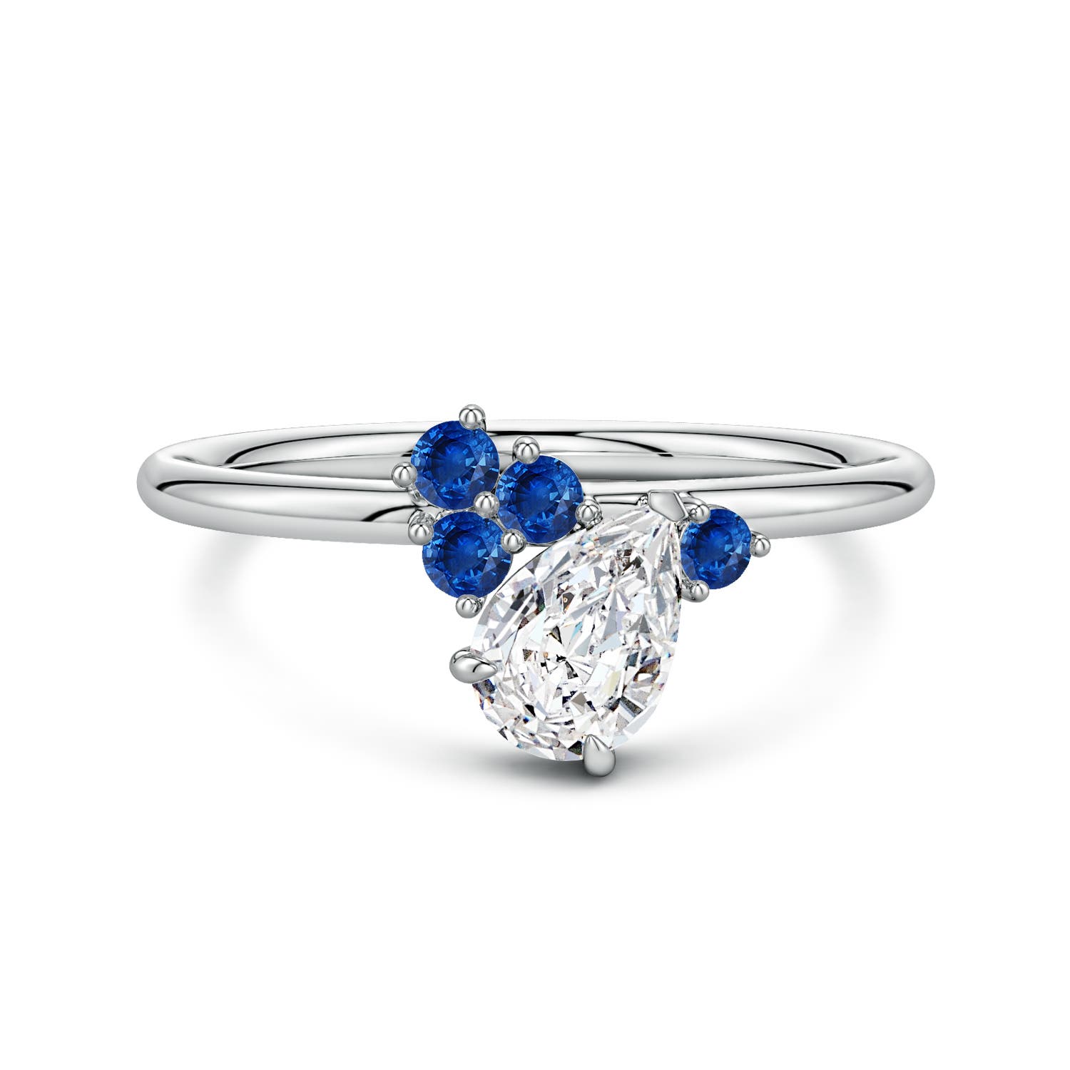7x5mm HSI2 Off-Centered Pear Diamond Engagement Ring with Scattered Blue Sapphires in White Gold