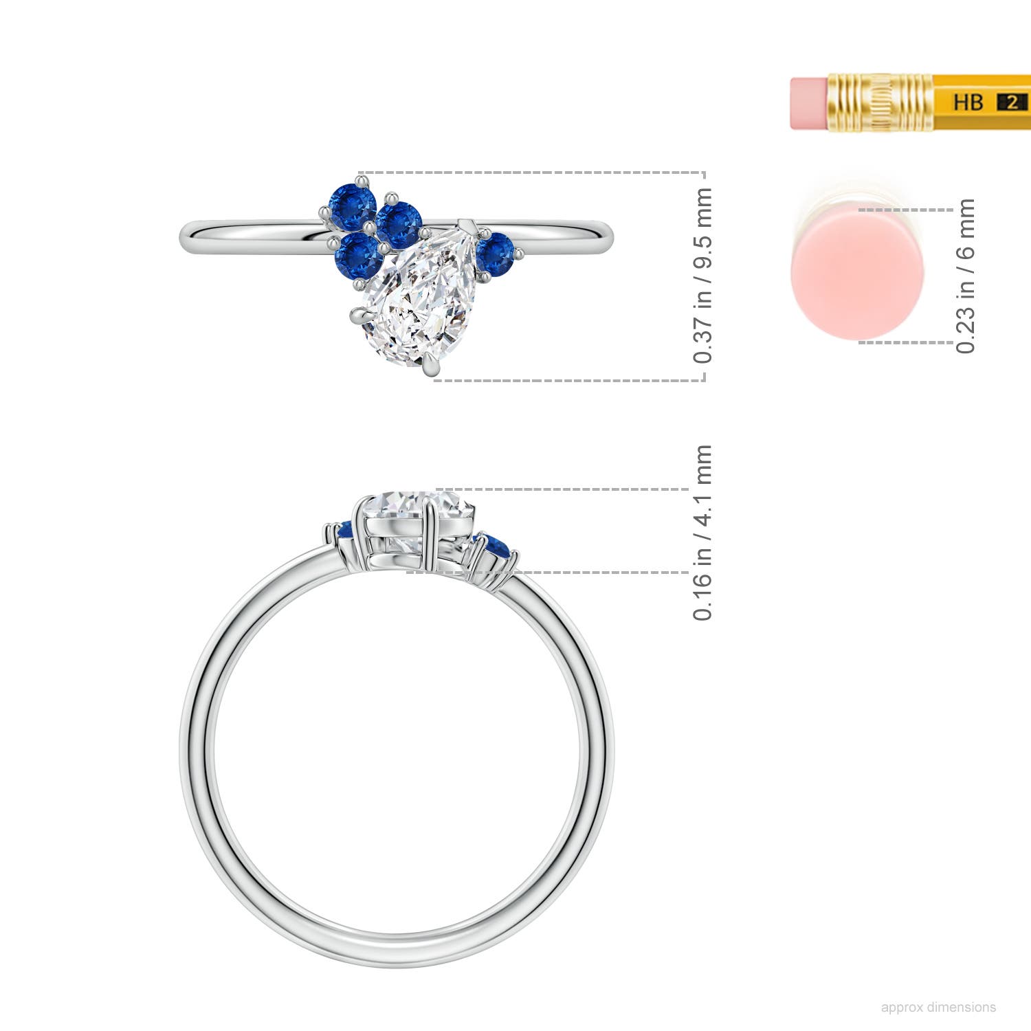 7x5mm HSI2 Off-Centered Pear Diamond Engagement Ring with Scattered Blue Sapphires in White Gold - ruler