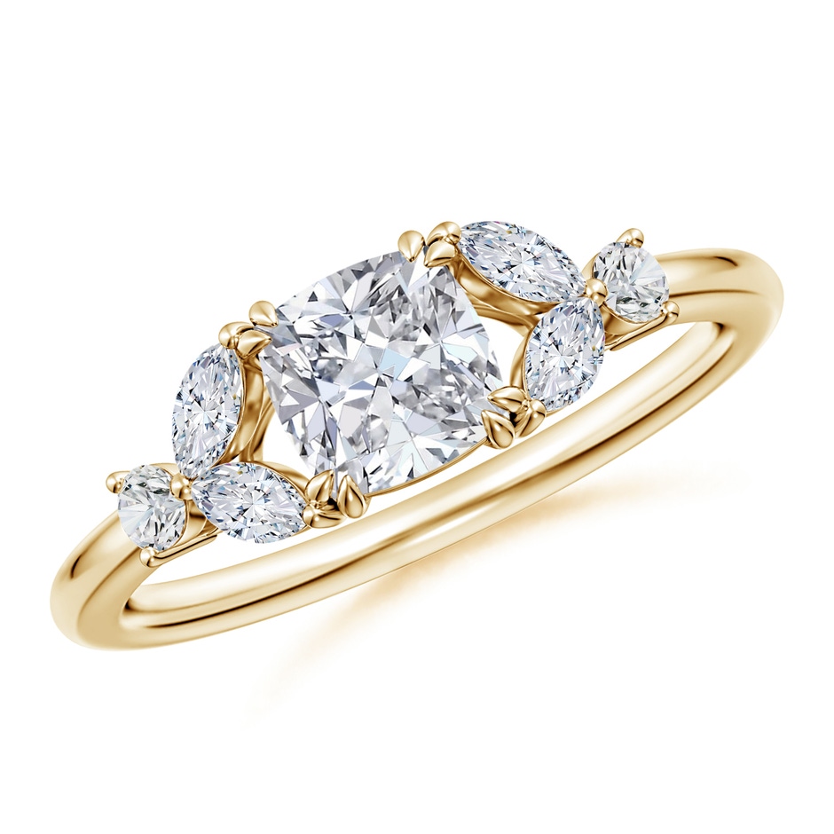 5.5mm HSI2 Double-Claw Prong Cushion Diamond Side Stone Engagement Ring in Yellow Gold 